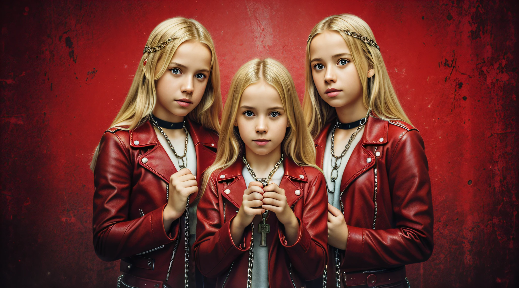 A half body, portrait of 3 girls German children long blonde hair of 12 years, red leather jackets, holding in their hands a cross, background of chains, chain, more chains, many chains, , red, red fire, many background flames.