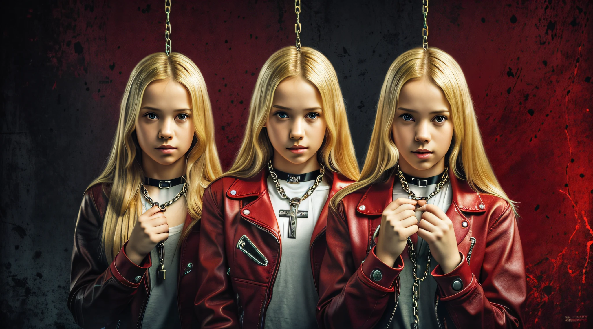 A half body, portrait of 3 girls German children long blonde hair of , red leather jackets, holding in their hands a cross, background of chains, chain, more chains, many chains, , red, red fire, many background flames.