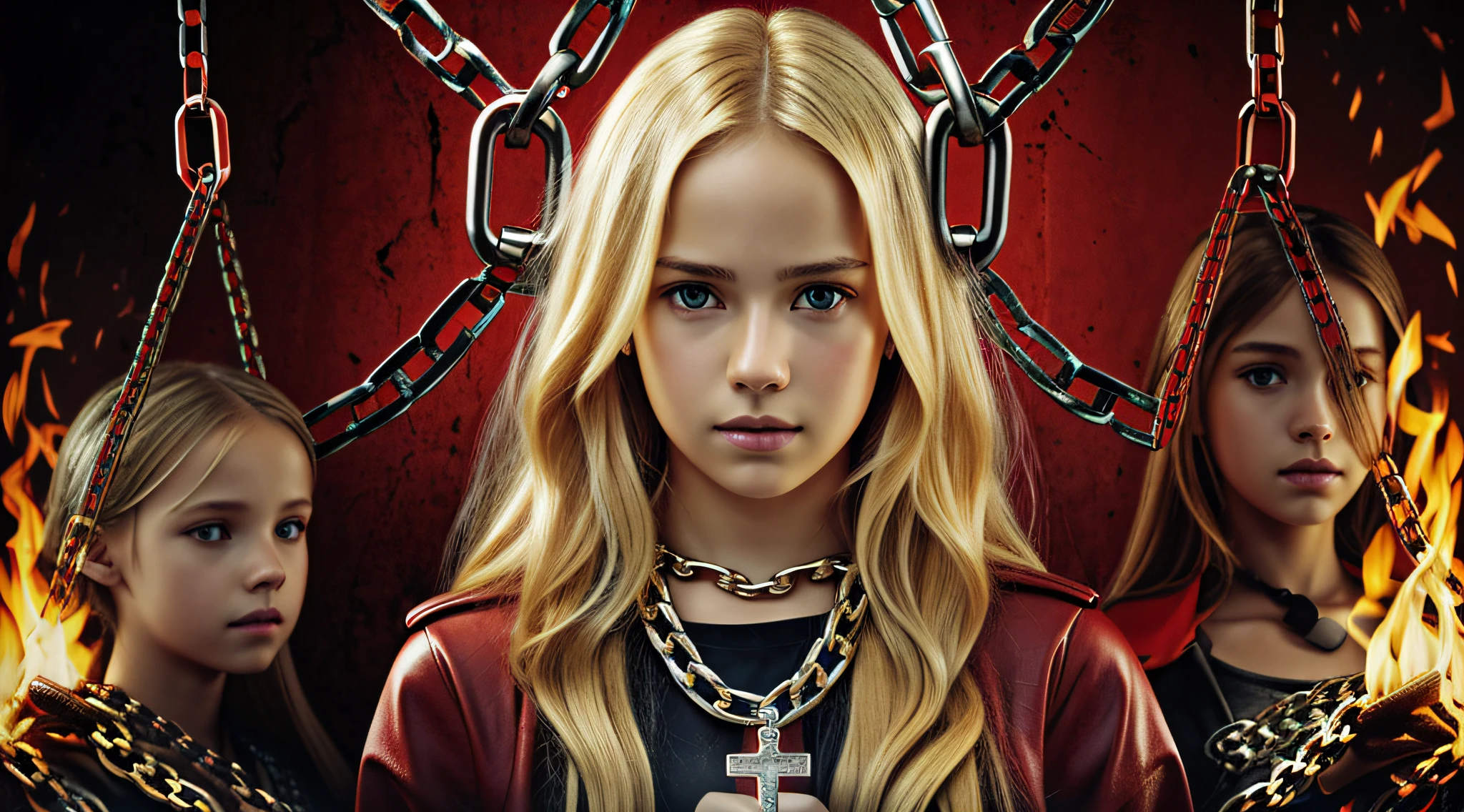 A half body, portrait of 3 girls German children long blonde hair of s, red leather jackets, holding in their hands a cross, background of chains, chain, more chains, many chains, , red, red fire, many background flames.