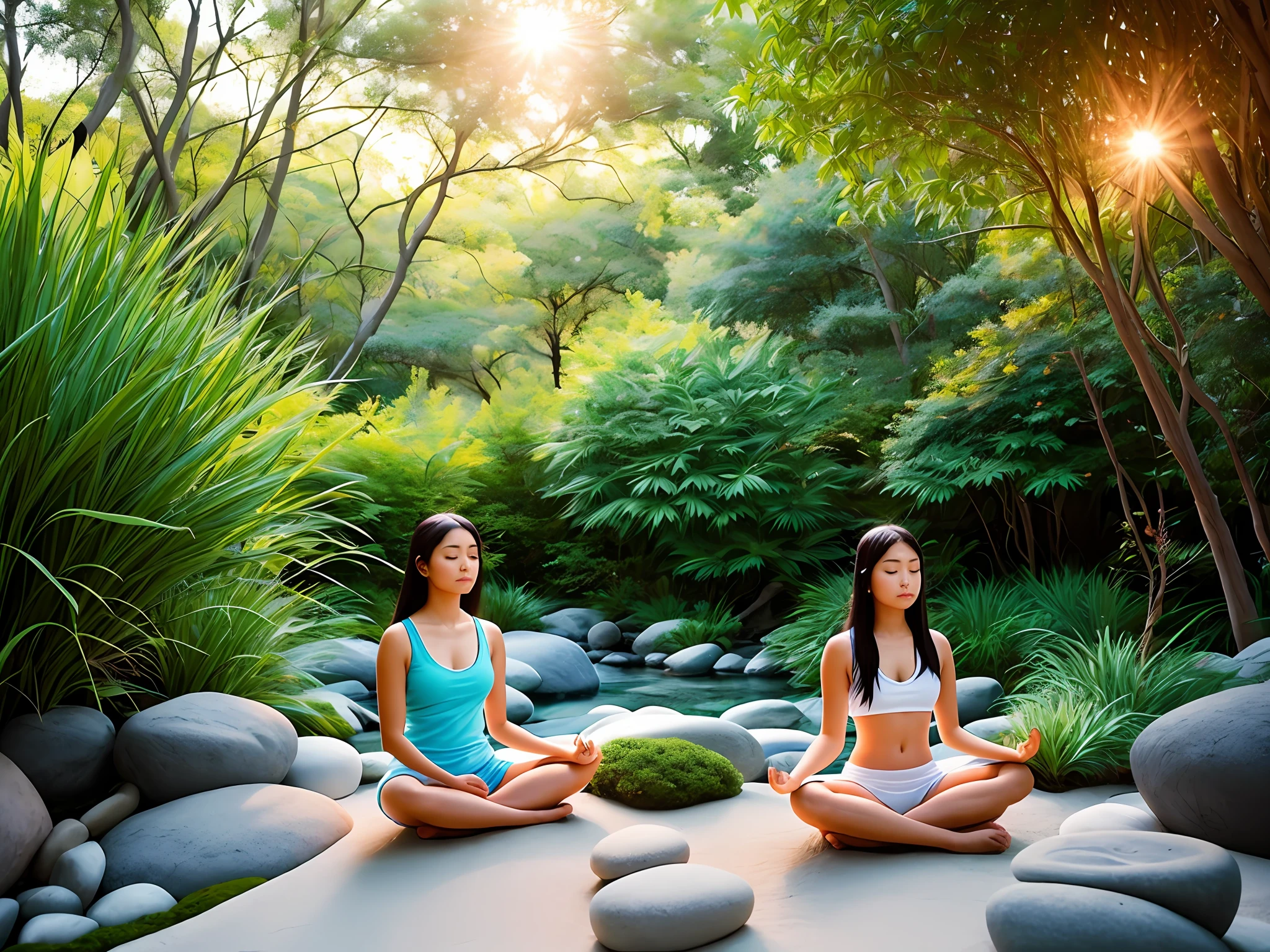 Meditation space: Choose a calm and tranquil spot with a young woman meditating, such as a Zen garden or a beach at sunset. Talk about how practicing small acts of meditation, reflection, or gratitude daily can have a big impact on mental health and overall well-being