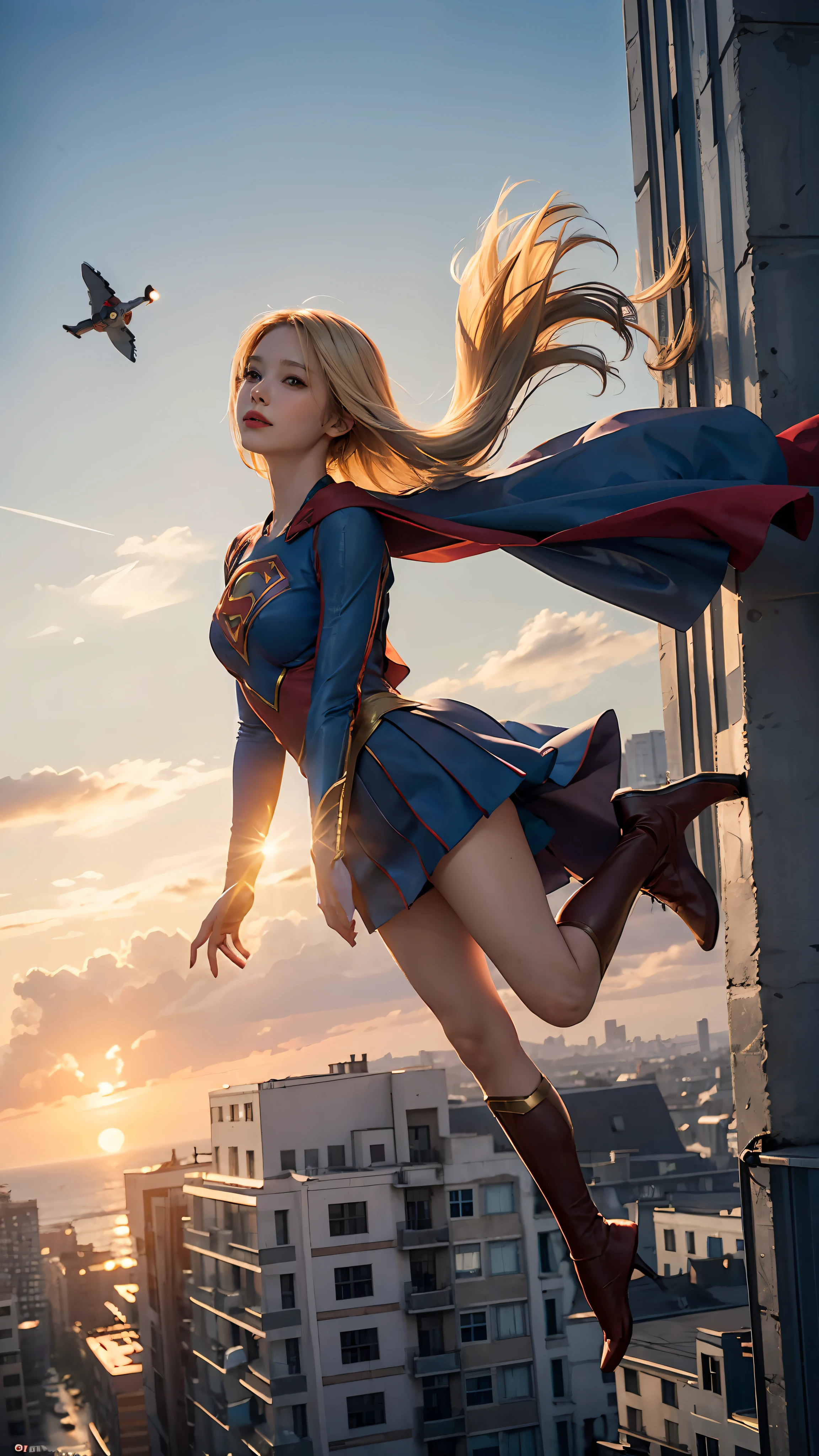 Woman alone, Supergirl costume dress, medium breasts, blonde, evening, city, lots of buildings, sunset, ((floating in the air)), full body, ((from afar)), lying down