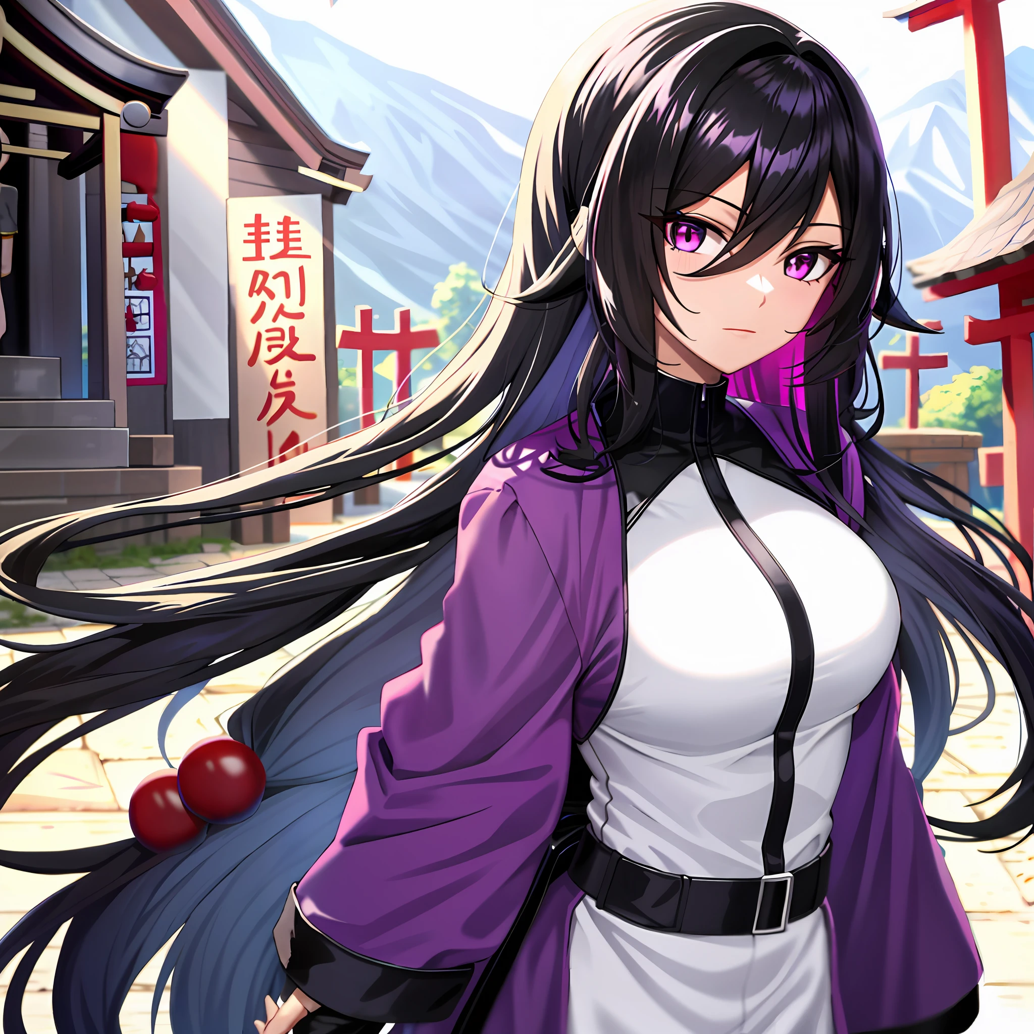 wavy black hair, shrine at background