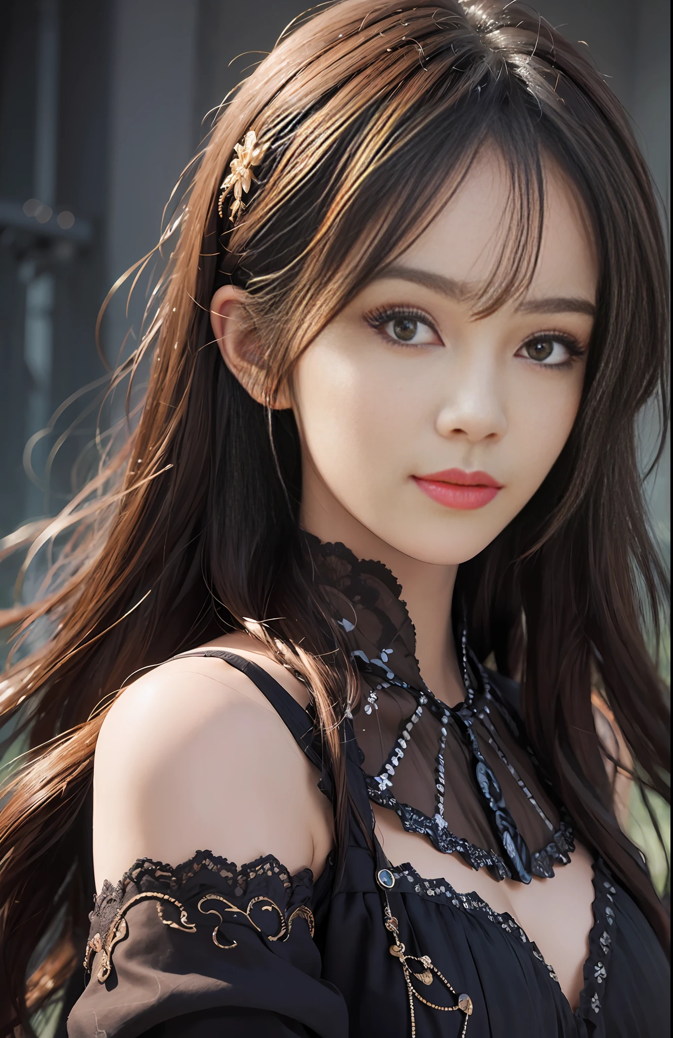 (Ultra Realistic), (Illustration), (Increased Resolution), (8K), (Extremely Detailed), (Best Illustration), (Beautiful and Detailed Eyes), (Best Quality), (Ultra Detailed), (Masterpiece ), ( wallpaper), (detailed face), solo, 1 girl, looking at viewer, fine details, detailed face, in the dark, deep shadows, low key, pureerosfaceace_v1, smiling, long hair, black shawl straight hair , 46 points oblique bangs