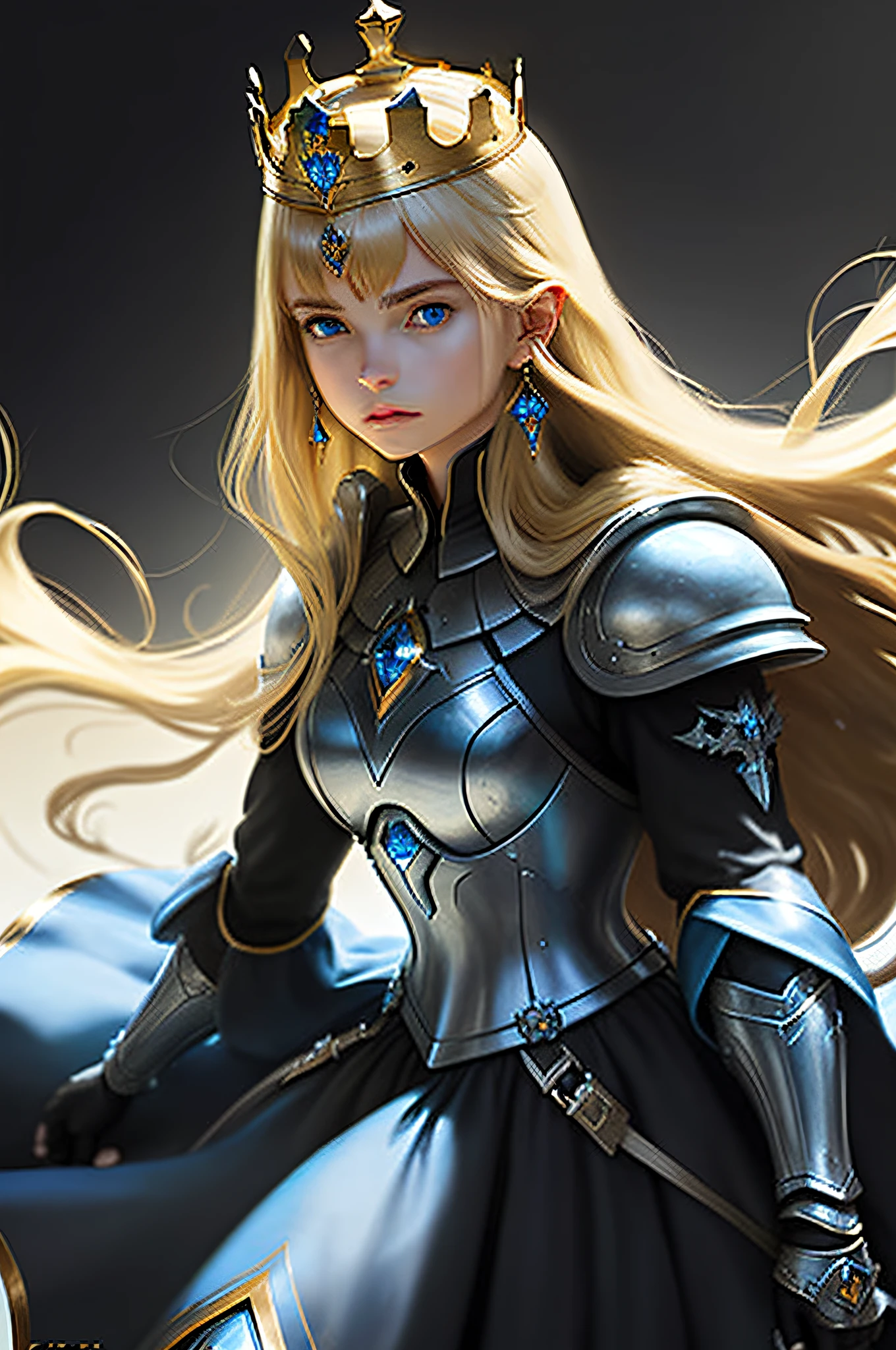 masterpiece,best quality,1girl, solo, blue eyes, blonde hair, long hair, armor, jewelry, looking at viewer, upper body, earrings, parted lips, crown, gauntlets, gloves, shoulder armor, black gloves, bangs, lips