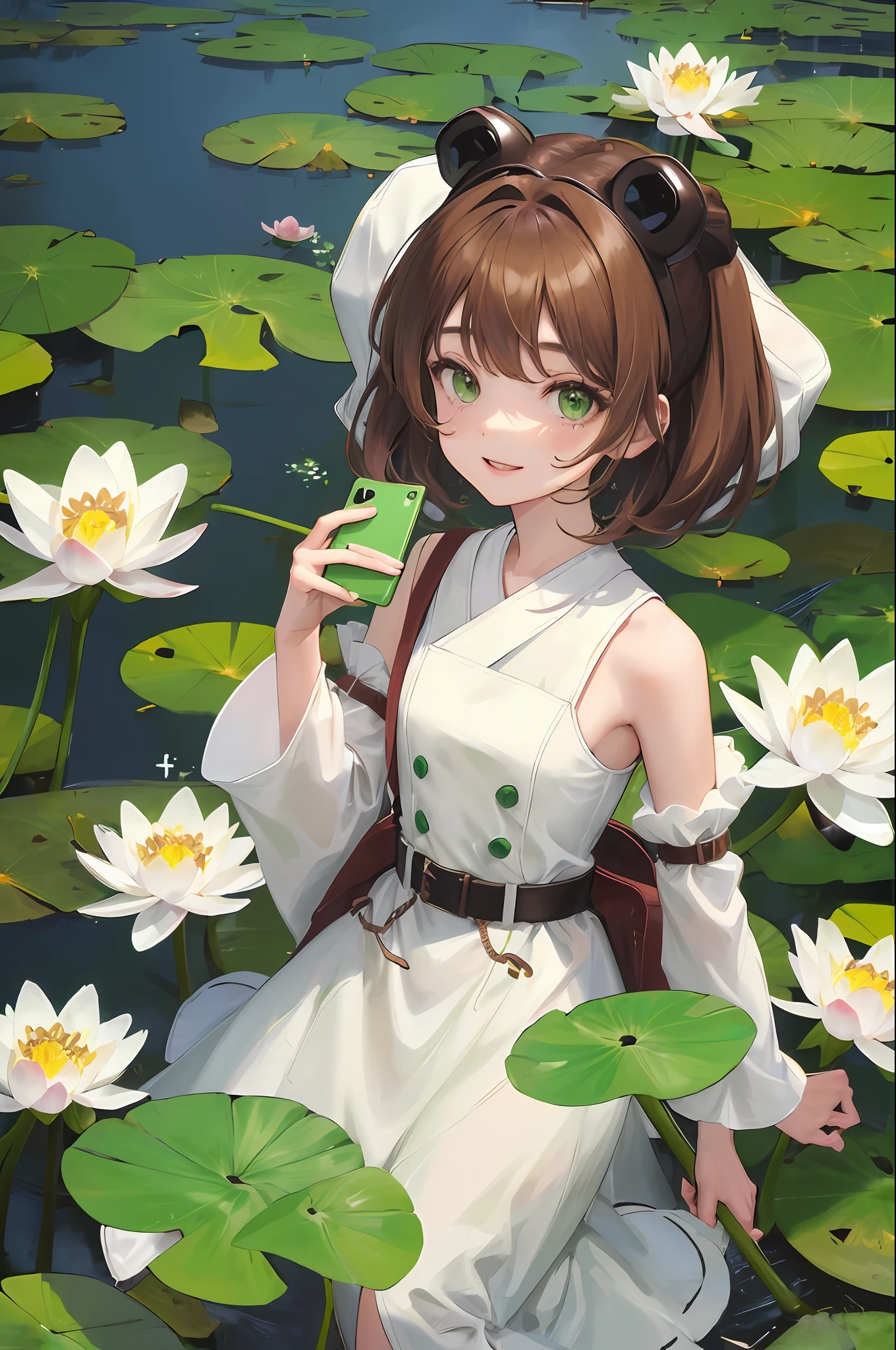 1girl, kinomoto sakura, green eyes, brown hair, phone, cellphone, antenna hair, smartphone, dress, hood, flower, smile, short hair, detached sleeves, lotus, animal hood, lily pad, white background, holding, holding phone, frog, green dress