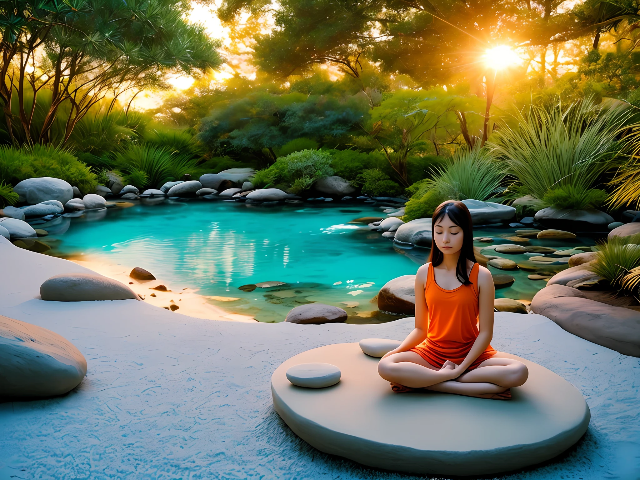 Meditation space: Choose a calm and tranquil spot with a young woman meditating, such as a Zen garden or a beach at sunset. Talk about how practicing small acts of meditation, reflection, or gratitude daily can have a big impact on mental health and overall well-being