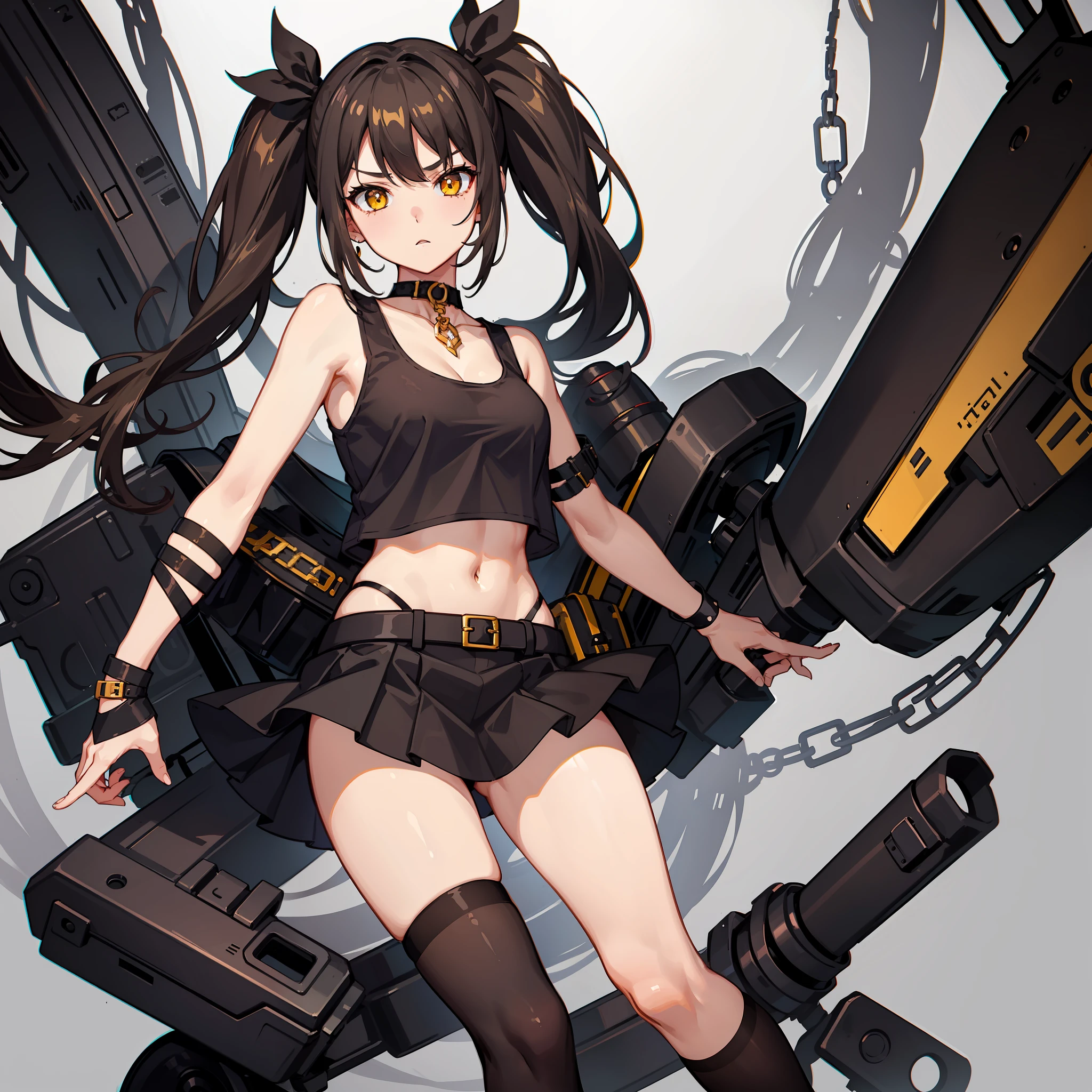 1girl, high quality, brown tank top, black skirt, thighs highs, black hair, yellow eyes, choker, twintails