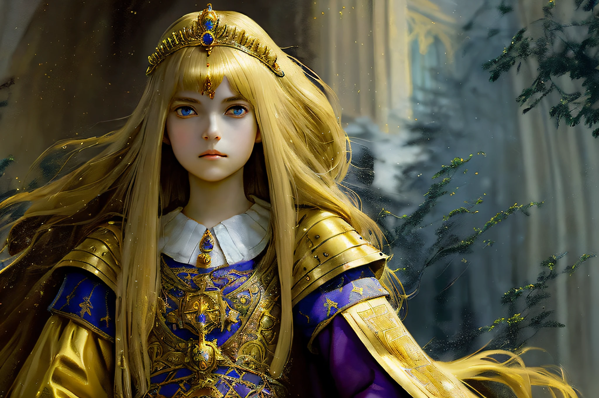 (full portrait of a young medieval princess with big straight golden hair and royal clothes), (very beautiful), (Noble),((good detailed eyes)) ultra detailed face, rpg concept art, greg rutkowski art, ruan jia art, Ilya kuvshinov art, darker environment, character sheet, ultra detailed, Ultra Quality