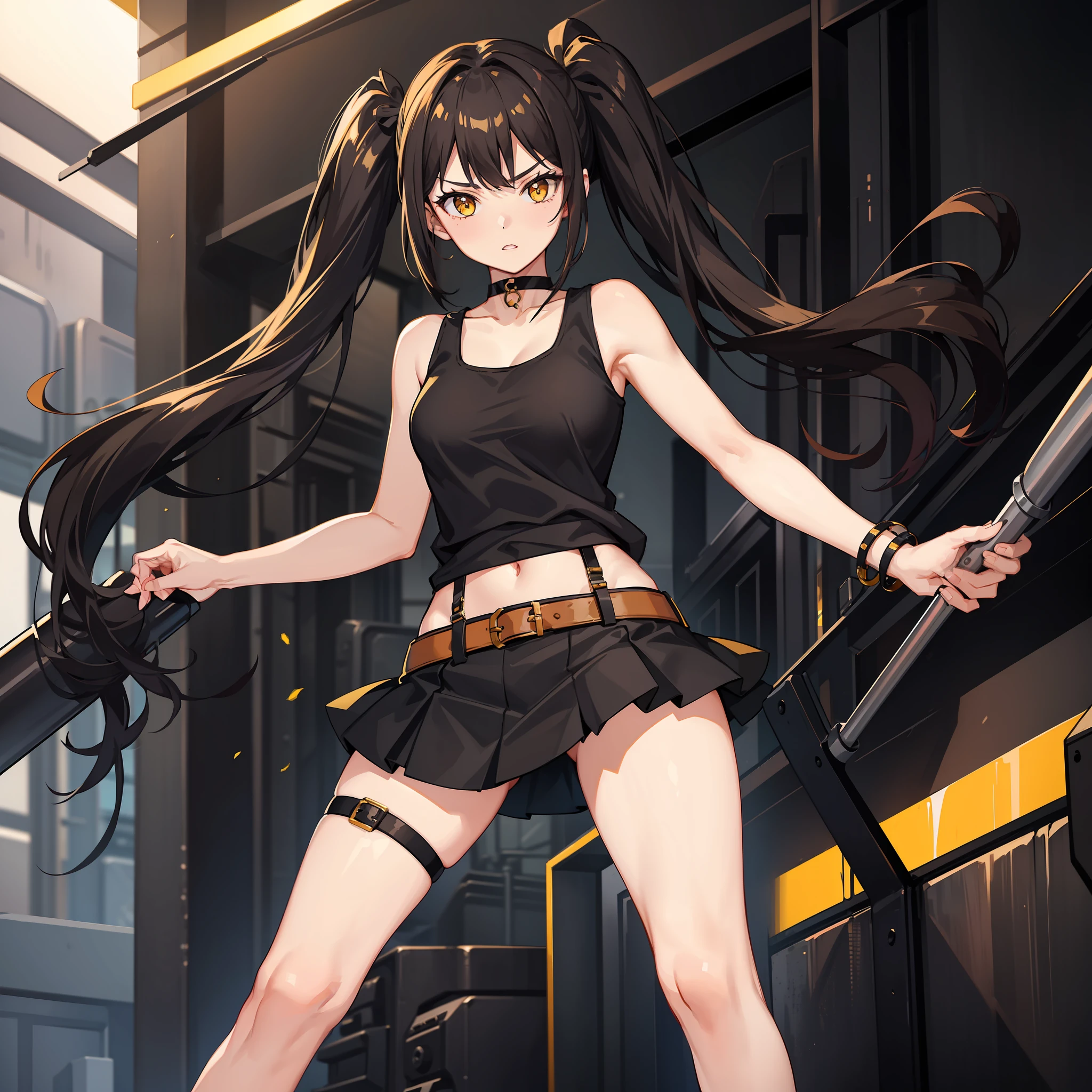 1girl, high quality, brown tank top, black skirt, thighs highs, black hair, yellow eyes, choker, twintails