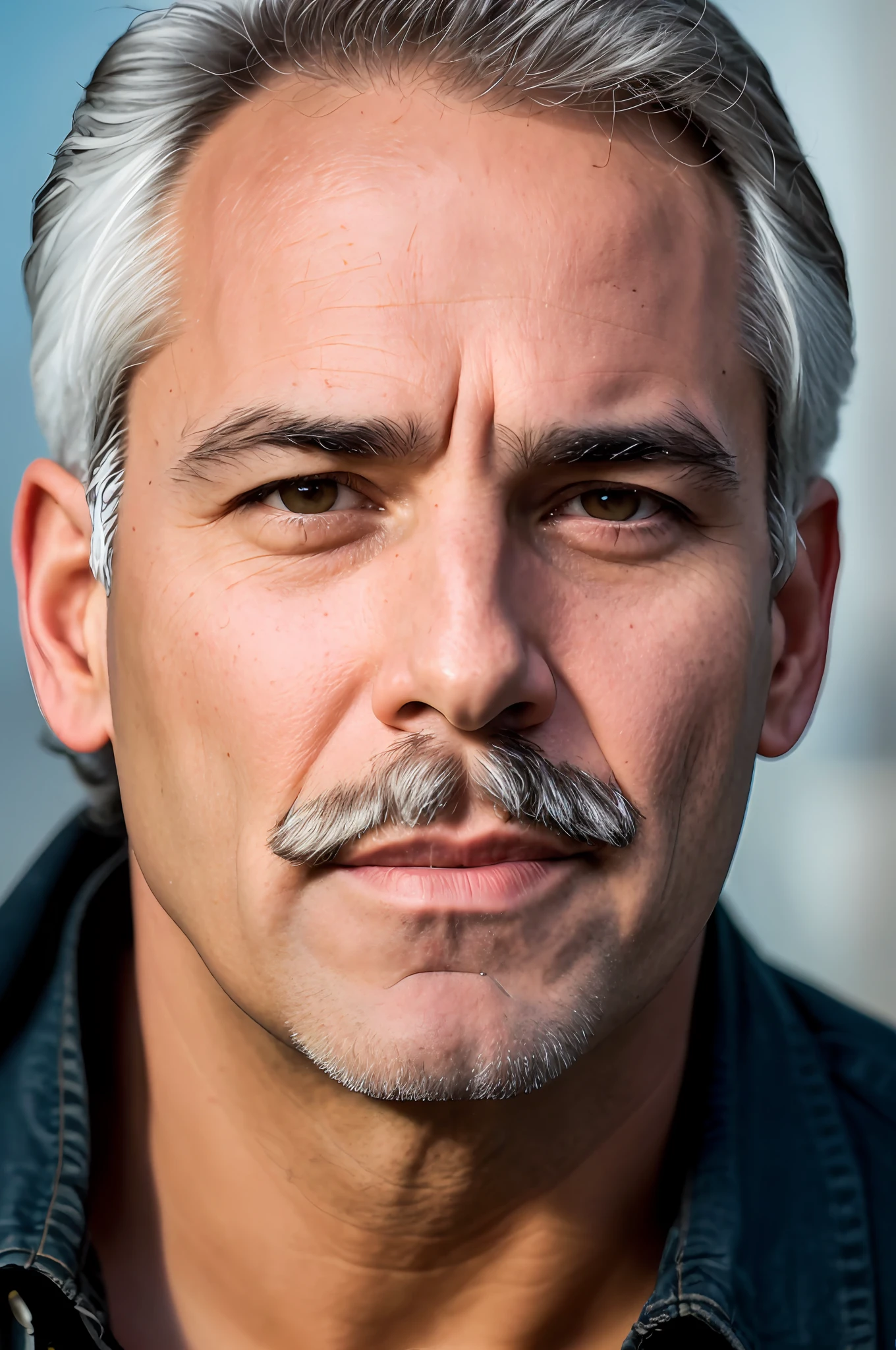 Man with mustache and mustache looks at camera, man with dark gray hair, man in his 40s, close-up portrait of the guy, mature facial features, middle-aged man, close-up headshot portrait, photo of a 36-year-old white man, male face, sharp-looking portrait, Darren Shaddik, dark brown hair