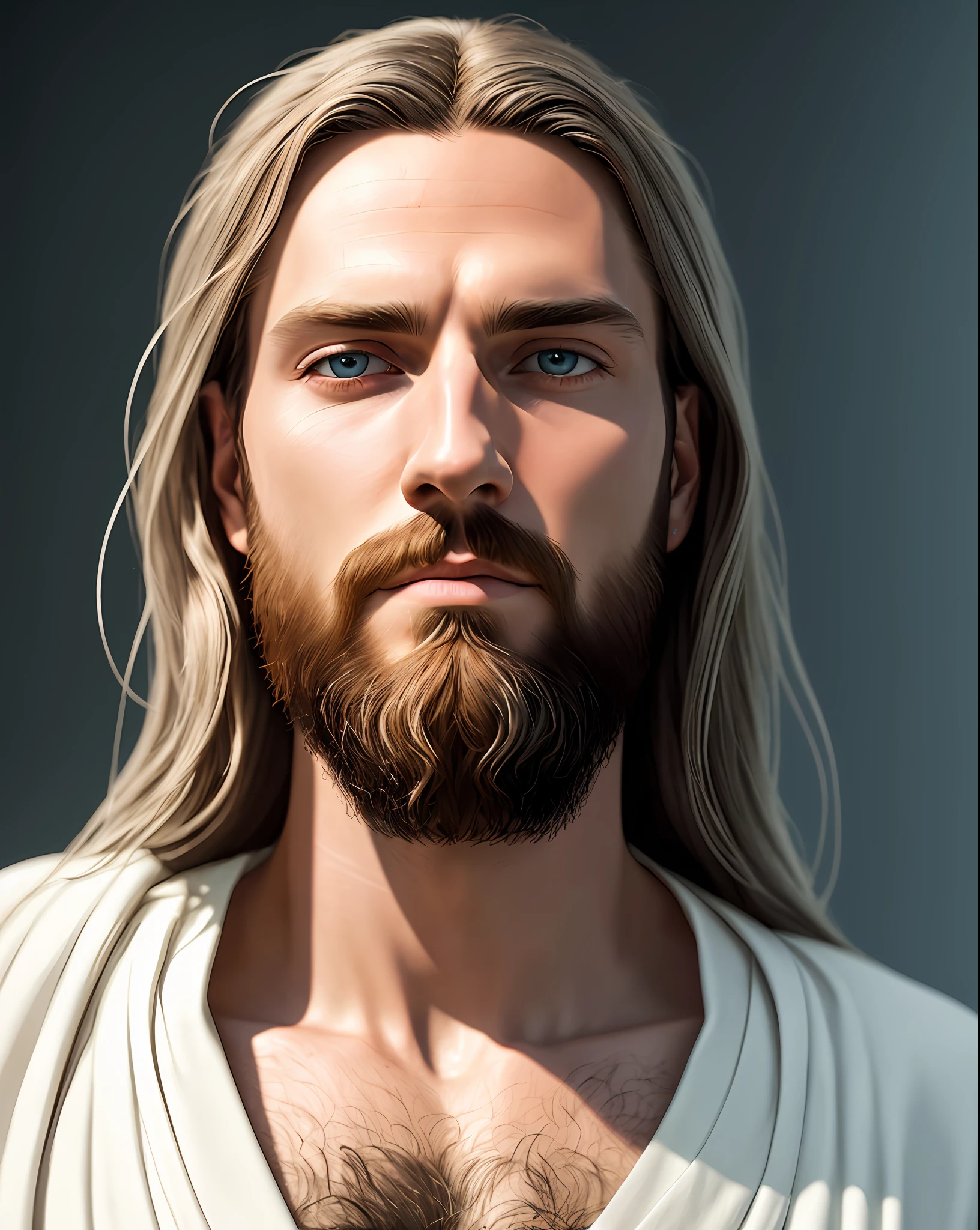 (symmetry),centered,a ((close)) up portrait,(Jesus),a very thin white man with long hair and a beard,wearing a long white robe,35mm,natural skin,clothes  detail, 8k texture, 8k, insane details, intricate details, hyperdetailedhighly detailed,realistic,soft cinematic light,HDR,sharp focus, ((((cinematic look)))),intricate, elegant, highly detailed
