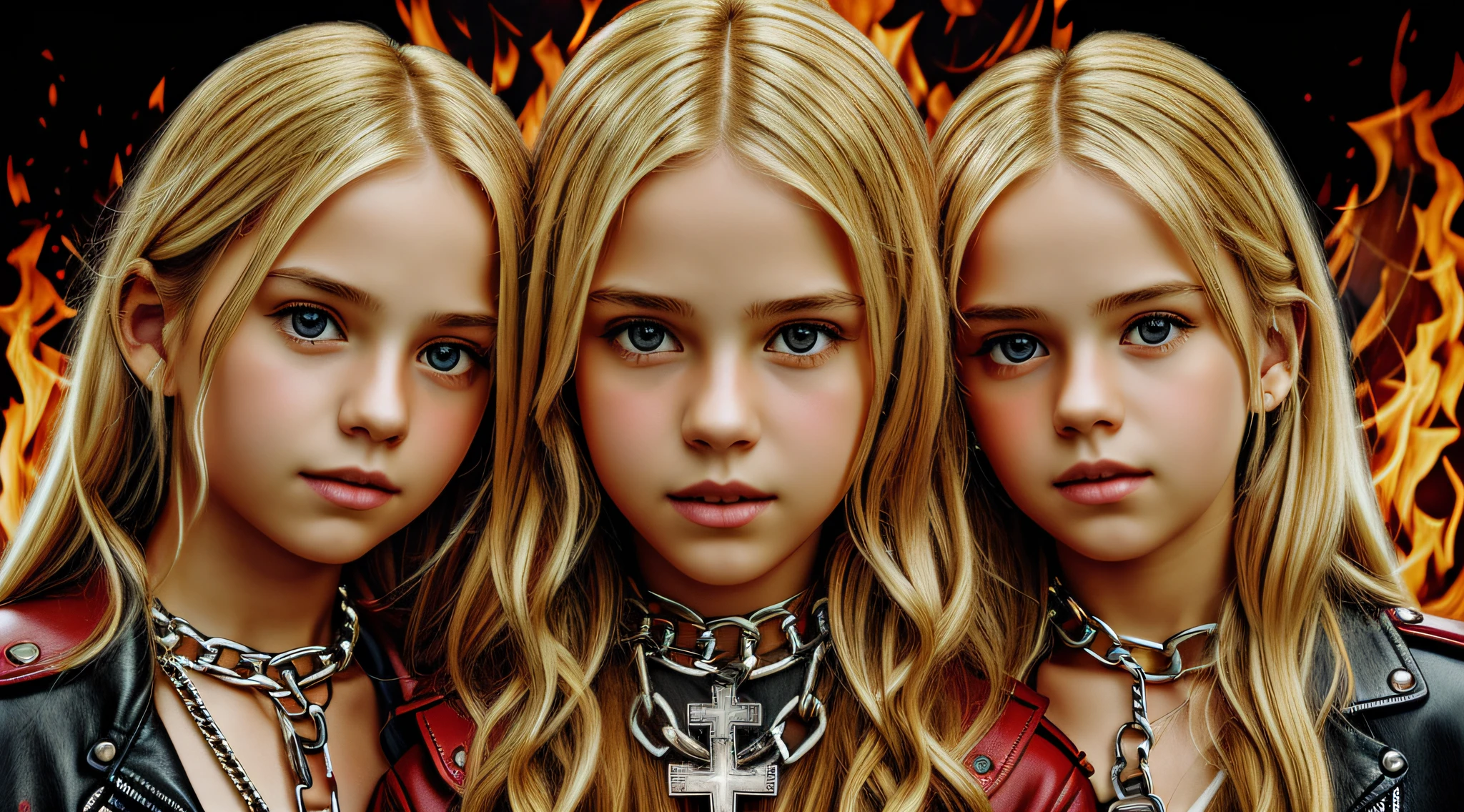 A half body, portrait of 3 girls German children long blonde hair of , red leather jackets, holding in their hands a cross, background of chains, chain, more chains, many chains, , red, red fire, many background flames.