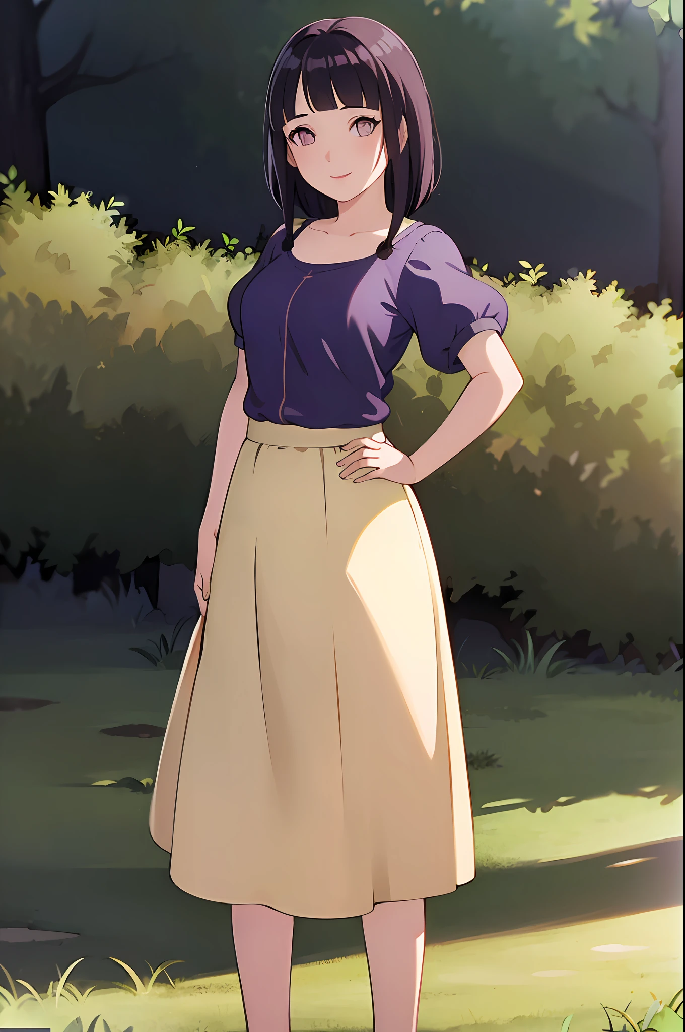 (masterpiece, best quality, high resolution:1.4), portrait, analog, RAW format,
snow white,
1girl, woman, smile, looking at viewer,
(medieval dress, yellow skirt, long skirt, red hairband),
standing, hands on hips,
outdoors, nature, forest,
perfect light, medium breast, long hair, blunt bangs, purple eyes, dark blue hair