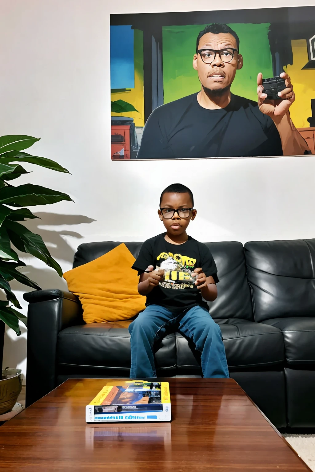 guttonerdreliberate1, a 3-year-old boy wearing detailed glasses, face and skin, playing video games in his home. He is with the joystick in his hands, facing the camera, sitting on the comfortable dark leather sofa, detailed room with pictures on the wall, potted plants. Rich in detail and realistic. Illustration by alex ross