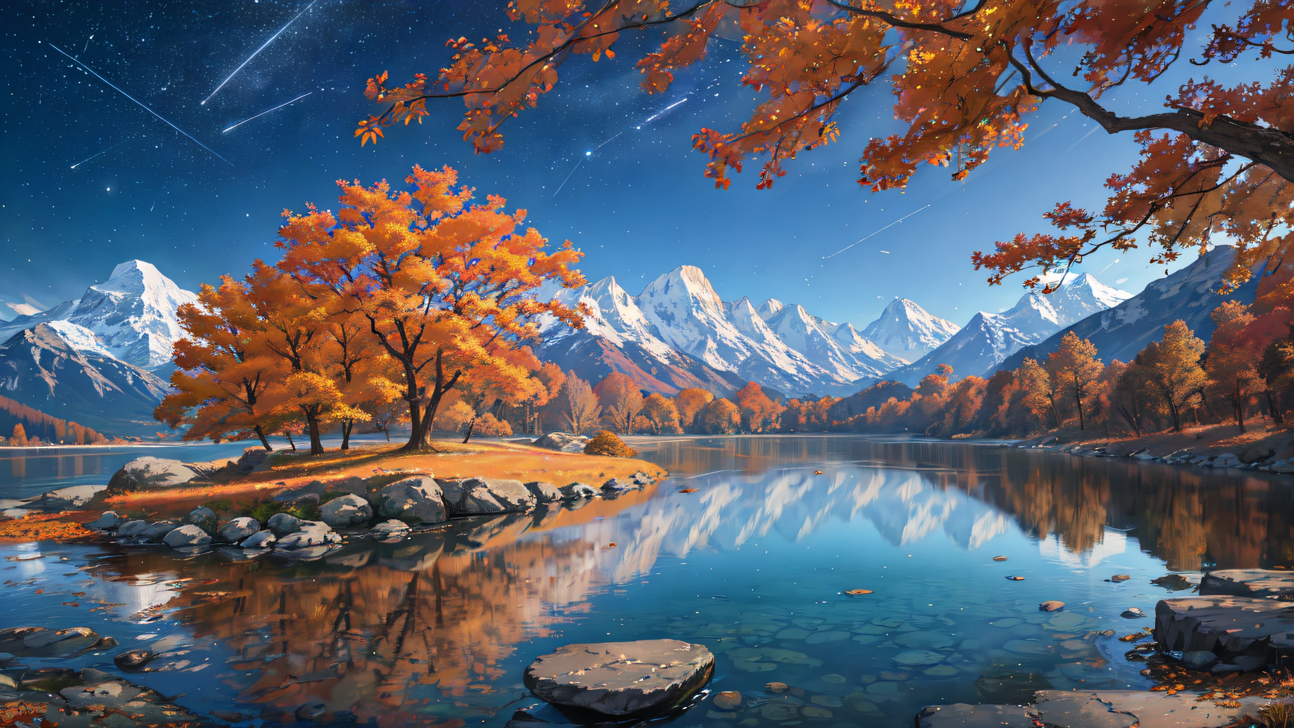 Scenery, mountain vistas, floating leaves, autumn, light and shadow, dream, shooting stars in the sky,evening