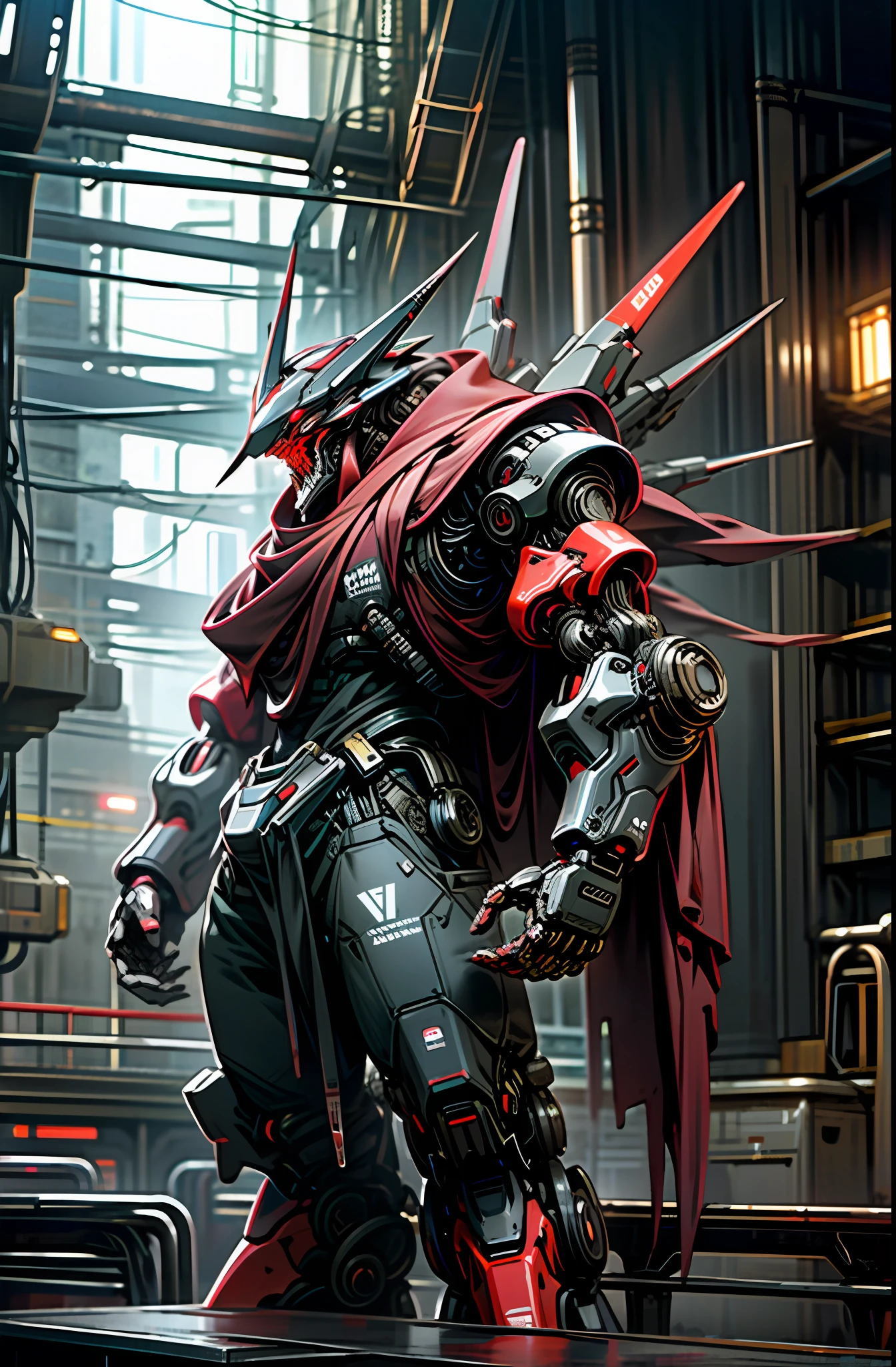 Dark_Fantasy,Cyberpunk, (Red black:1.1),1 man,Mecha,Robotic presence,Cybernetic guardian, cyberpunk street background