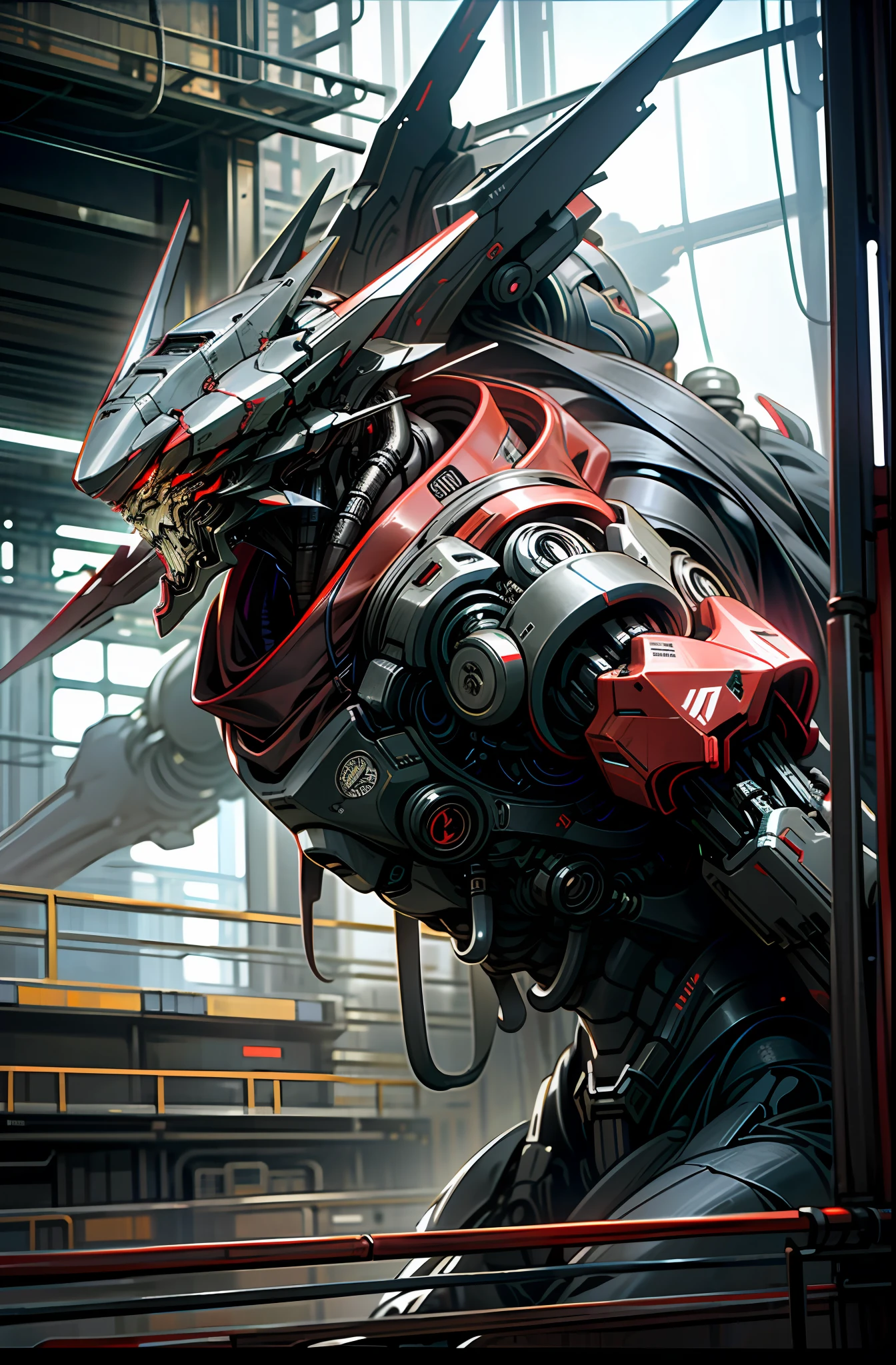 Dark_Fantasy,Cyberpunk, (Red black:1.1),1 man,Mecha,Robotic presence,Cybernetic guardian, cyberpunk street background