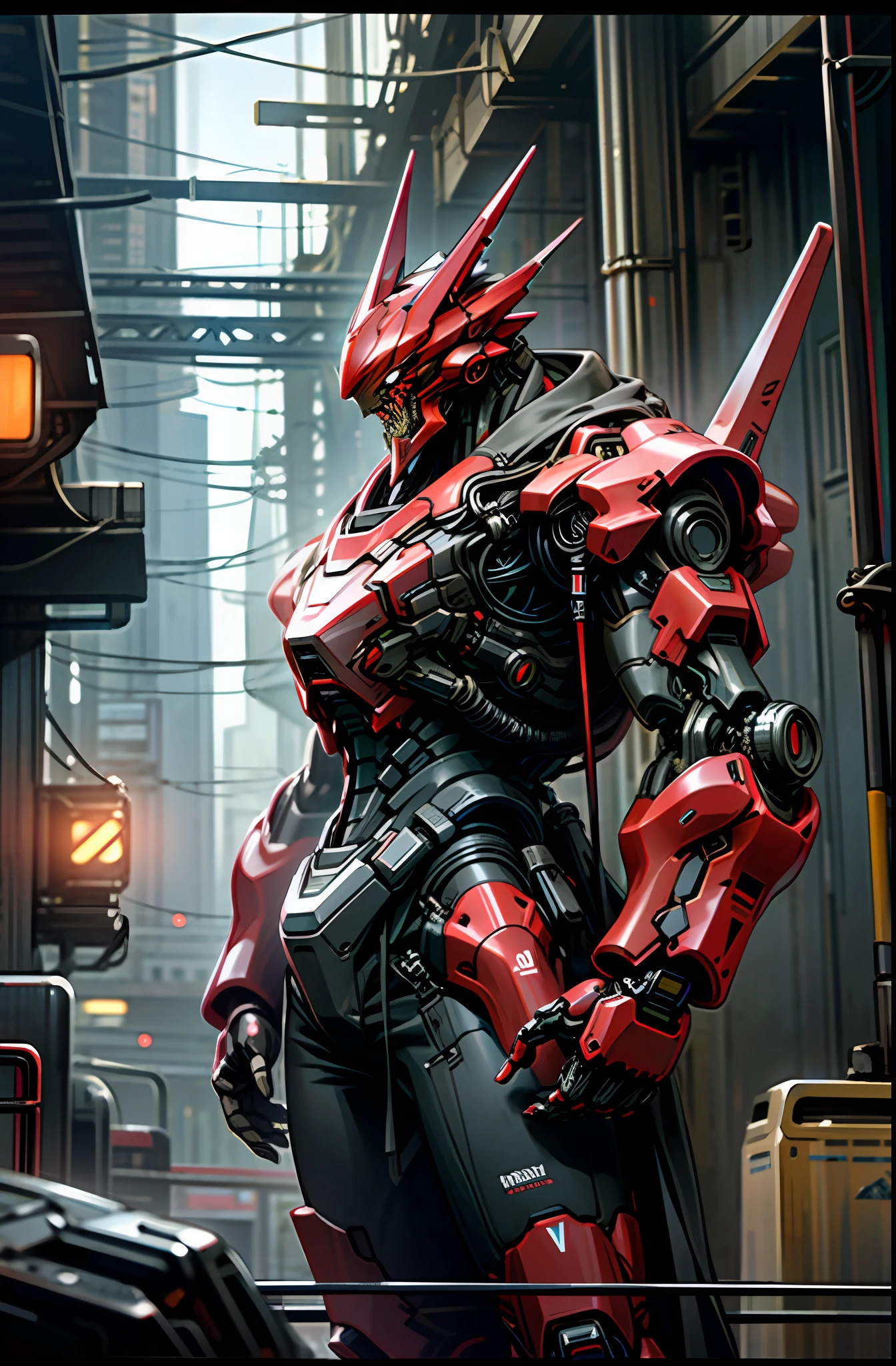 Dark_Fantasy,Cyberpunk, (Red black:1.1),1 man,Mecha,Robotic presence,Cybernetic guardian, cyberpunk street background