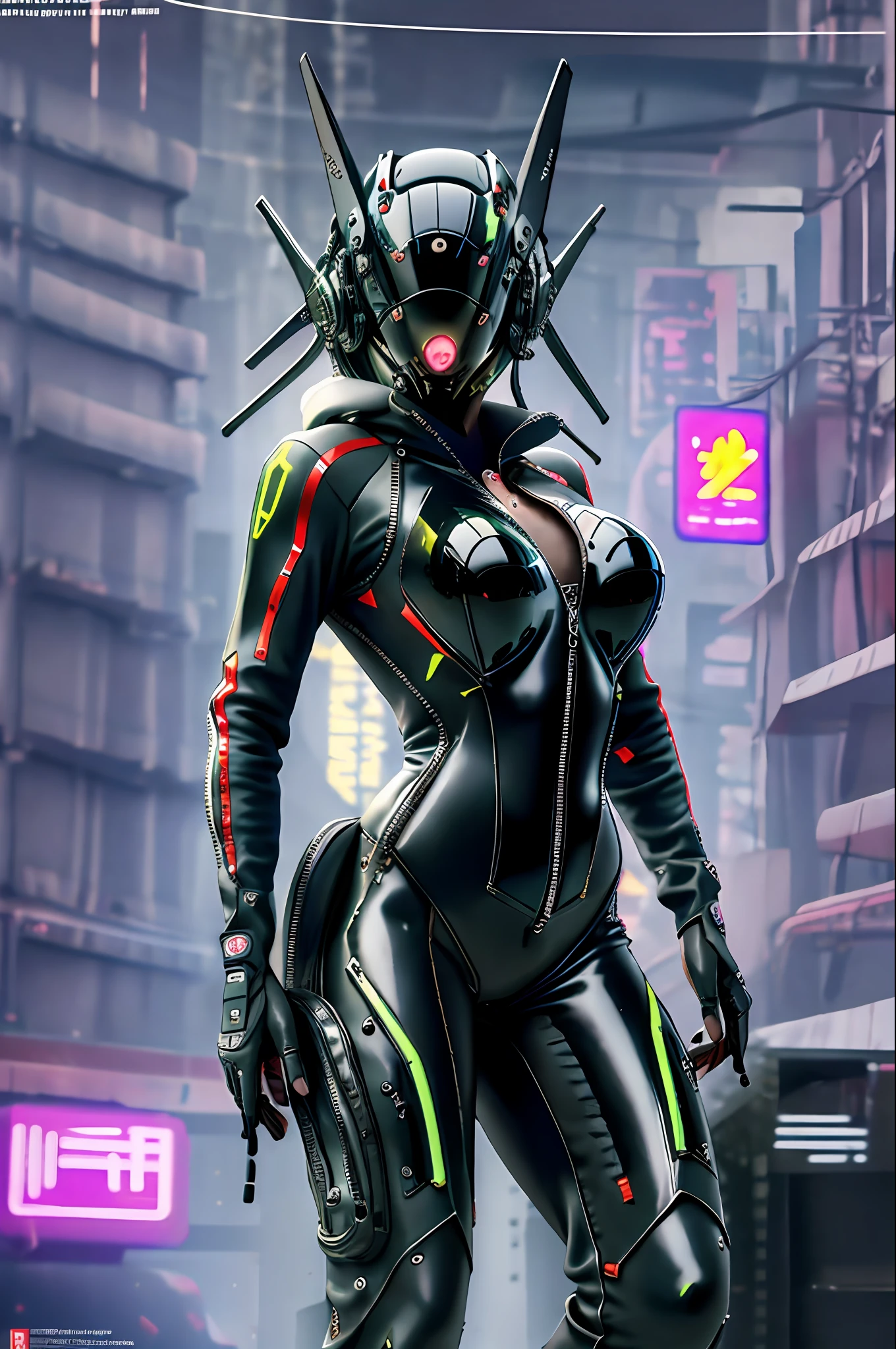 realistic masterpiece photo, best quality, high resolution, ultra-detailed, 8K wallpaper, 1girl in black tight jumpsuit made of synthetic leather and latex, biker clothes, in a fully enclosed cyber helmet with jackal ears, (huge breasts), motorcycle gloves, (zippers), fantasy, close-up, top down, bent, hyper-detailed, neon lights, neon colors, cyberpunk, reflections, radiance, shy and seductive pose, arching back down, throne,