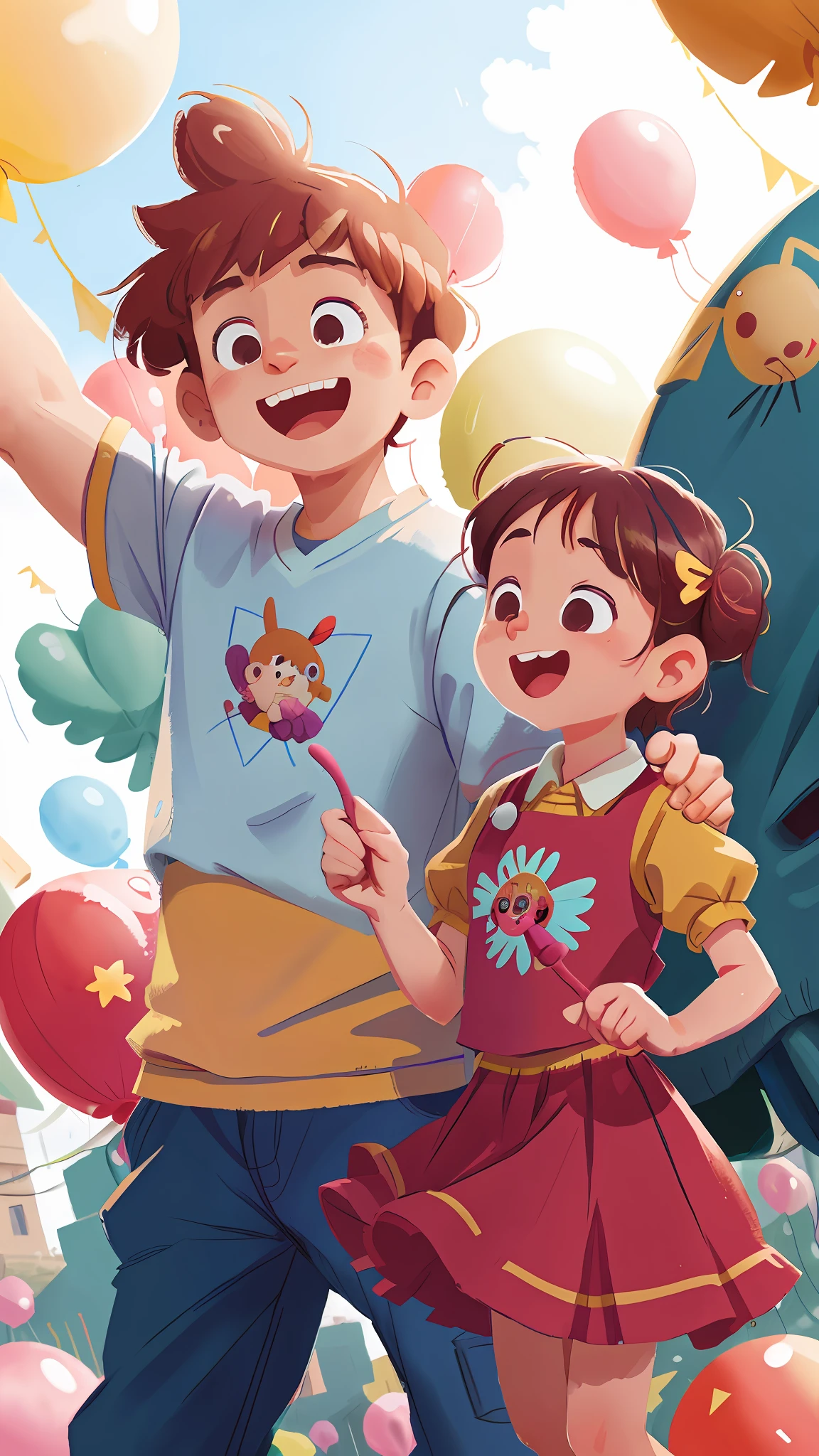 Older bother and younger sister , amusement park, holding balloons, happy, happy, perfect quality, clear focus (clutter - home: 0.8), (masterpiece: 1.2) (Realistic: 1.2) (Bokeh) (Best quality) (Detailed skin: 1.3) (Intricate details) (8K) (Detail Eyes) (Sharp Focus), (Happy)