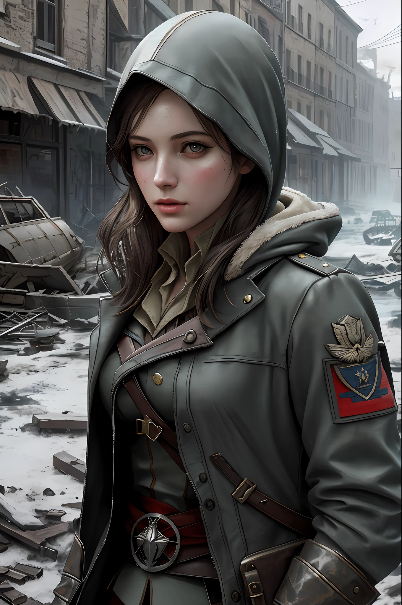 Create a compelling Assassin’s Creed Concept Art piece inspired by the WW2 era, crafted in the style of ultra-realistic visuals with meticulous attention to detail. Portray a young and captivating European girl adorned in a worn US military uniform, her face obscured by a hood. Set the scene amidst the haunting aftermath of a battlefield, showcasing the devastation and destruction left in the wake of war. Emphasize the realism and intricacy of the environment, capturing the gritty textures, shattered structures, and somber atmosphere in stunning 8K resolution.