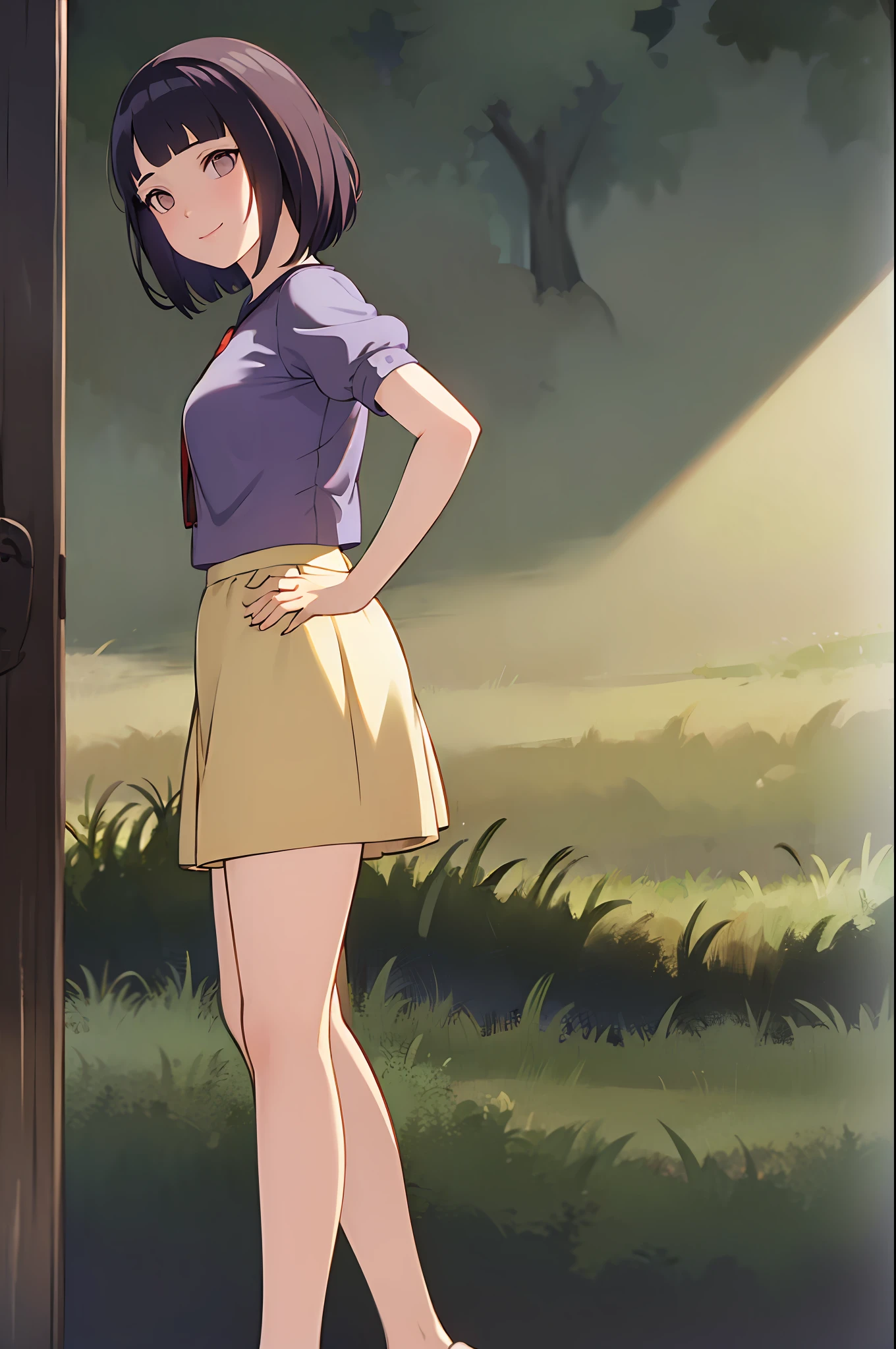(masterpiece, best quality, high resolution:1.4), portrait, analog, RAW format,
snow white,
1girl, woman, smile, looking at viewer,
(medieval dress, yellow skirt, long skirt, red hairband),
standing, hands on hips, 
outdoors, nature, forest,
perfect light, medium breast, long hair, blunt bangs, purple eyes, dark blue hair