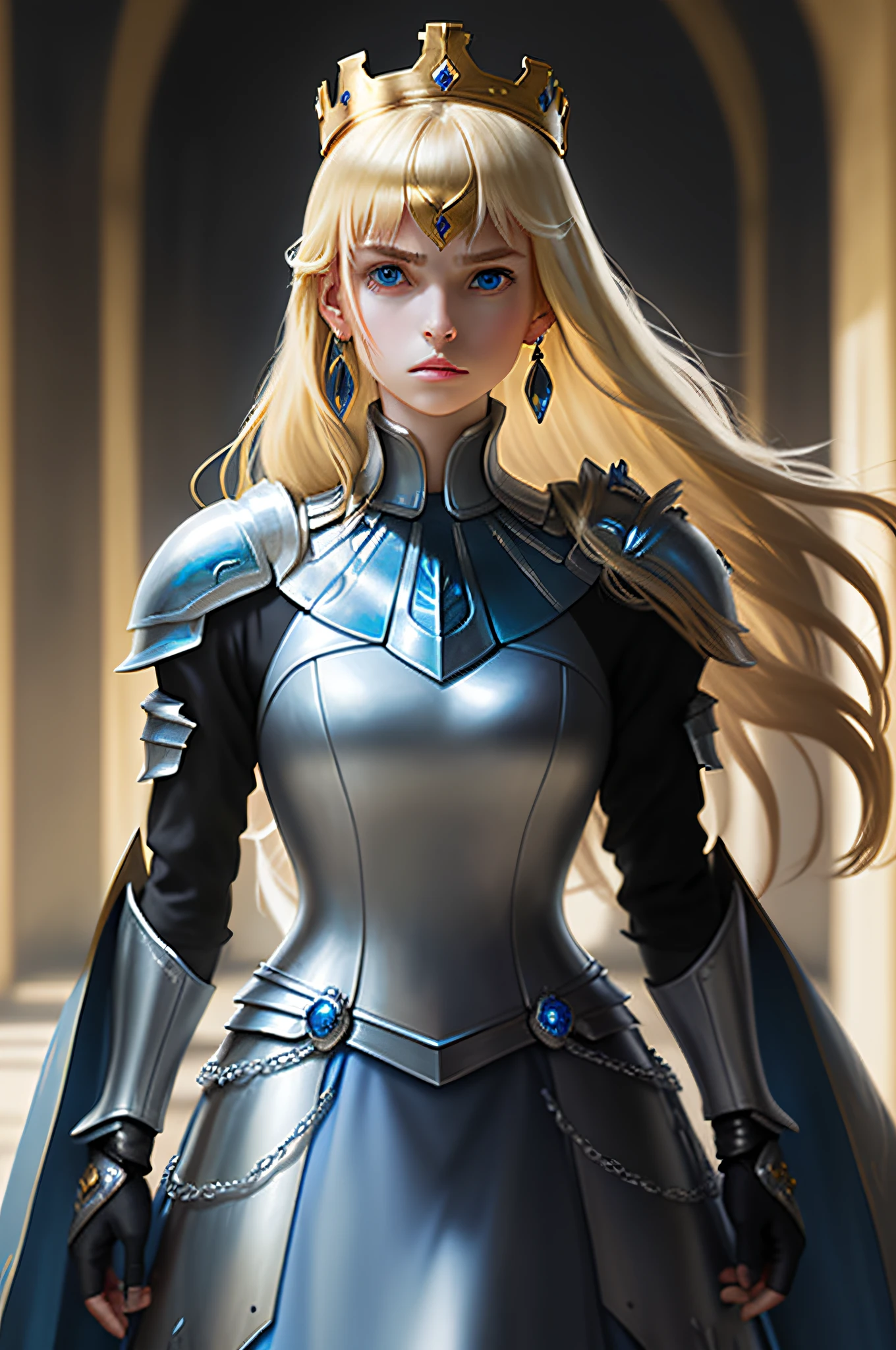 masterpiece,best quality,1girl, solo, blue eyes, blonde hair, long hair, armor, jewelry, looking at viewer, upper body, earrings, parted lips, crown, gauntlets, gloves, shoulder armor, black gloves, bangs, lips