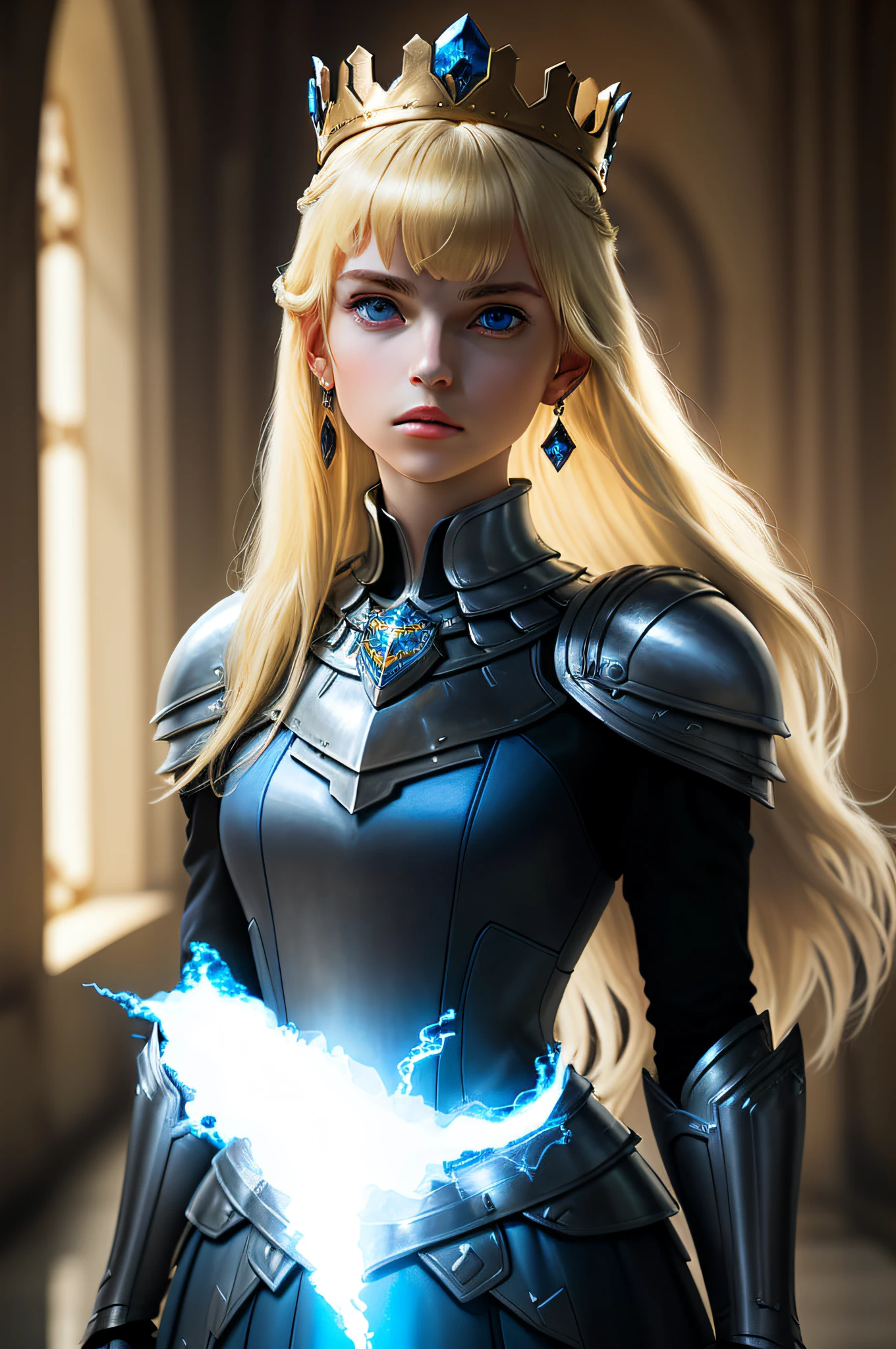 masterpiece,best quality,1girl, solo, blue eyes, blonde hair, long hair, armor, jewelry, looking at viewer, upper body, earrings, parted lips, crown, gauntlets, gloves, shoulder armor, black gloves, bangs, lips