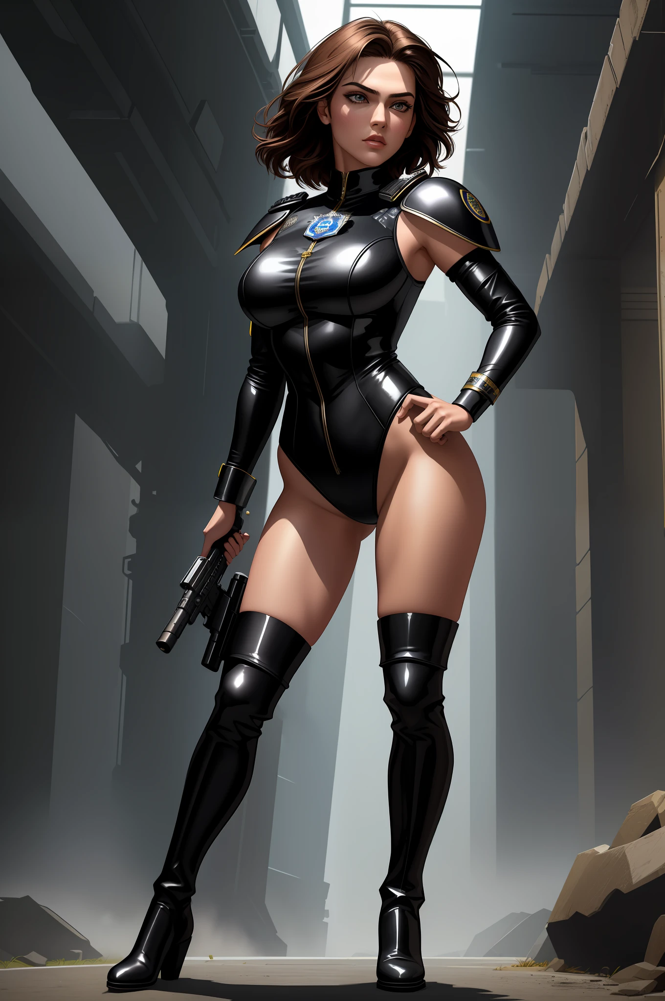 ((best quality)), ((masterpiece)), ((ultra realistic)), (dynamic heroic pose), ((1girl, solo)), English, beautiful detailed face, detailed eyes, sexy police officer, ((black leotard, police uniform)), white bracelets, high tech office backdrop, highly detailed, professional, bare legs, (full body costume design), standing, black hair, medium hair, brown eyes, (thigh-high matching boots), shoulder holster, shoulder pads, badge