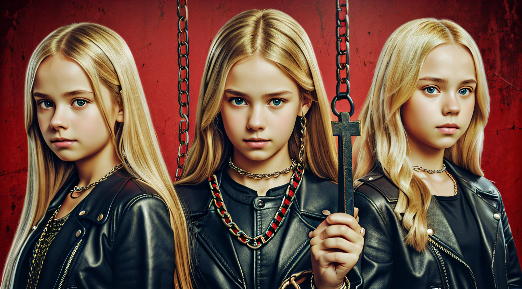 A half body, portrait of 3 girls German children long blonde hair of 12 years, red leather jackets, holding in their hands a cross, background of chains, chain, more chains, many chains, , red, red fire, many background flames.