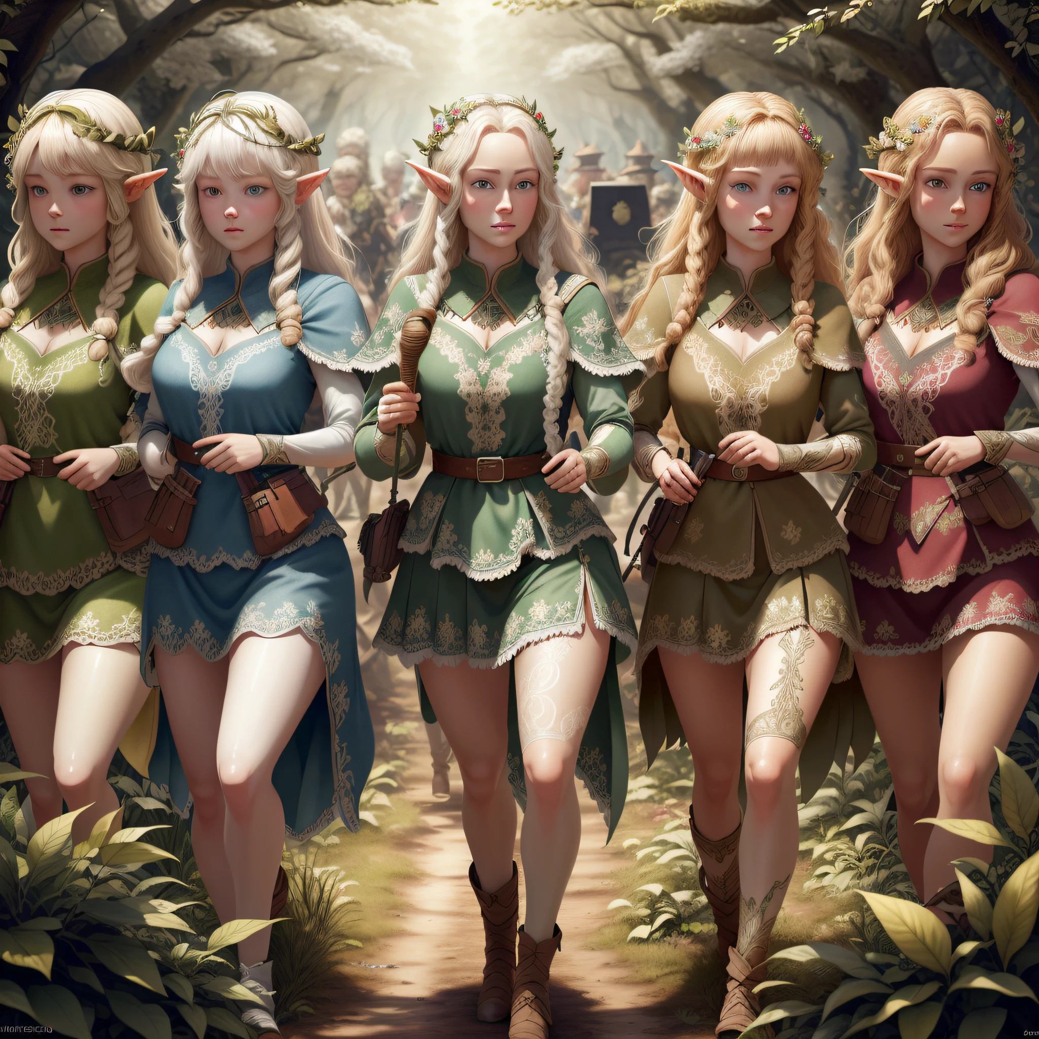 (hyper-realistic), (illustration), (high resolution), (8K), (extremely detailed), (best illustration), (beautiful detailed eyes), (best quality), (ultra-detailed), (masterpiece), (wallpaper), (detailed face), thousands of elven soldiers, elves with swords, with bows and with magic staffs, all elf soldiers diversified among black, white, brown, brown and light-eyed hair, large forest background, all of them marching to war.