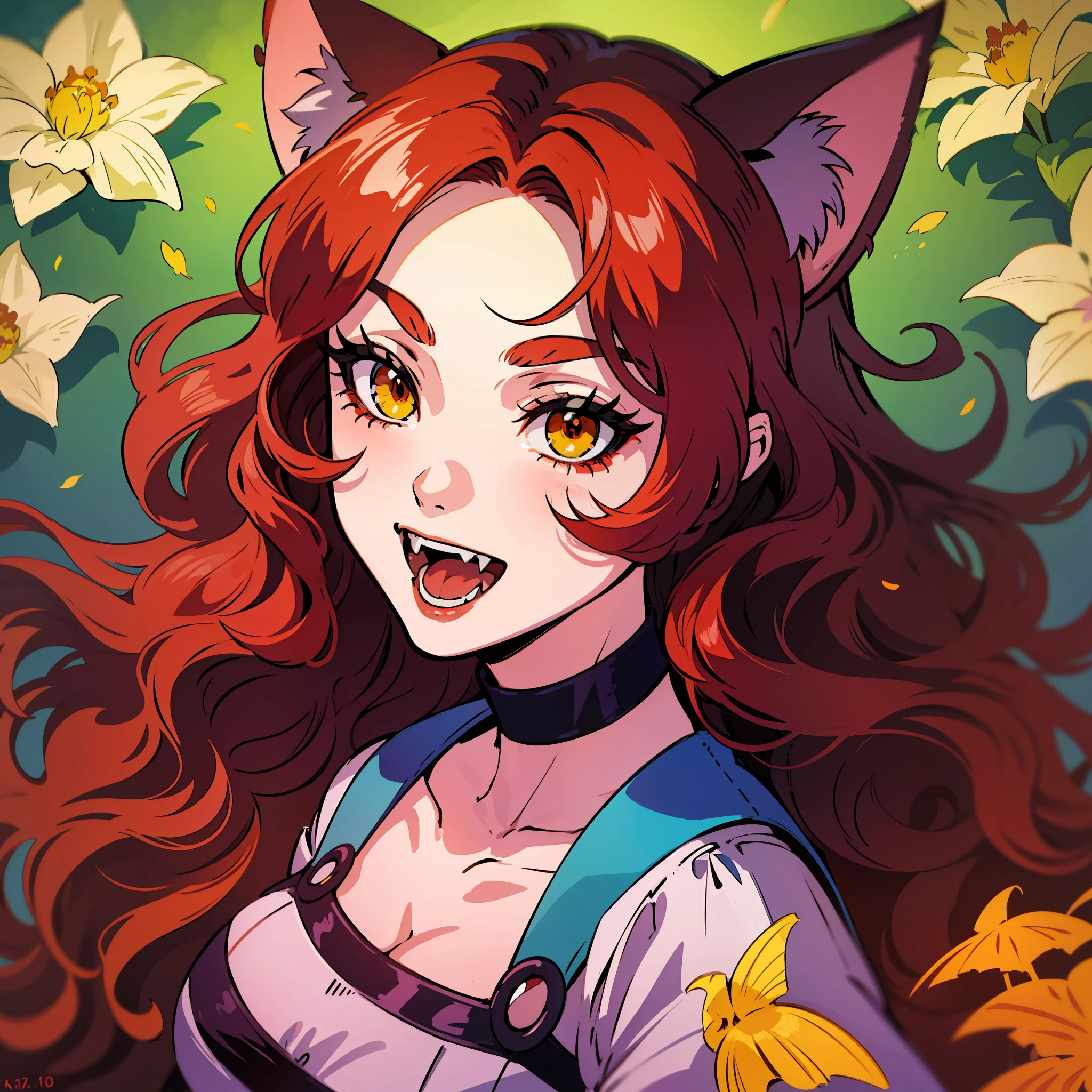 Ghibli-like colors, flower, backlighting, mixing, optical illusion, from above, masterpiece, high quality, 1080p, medium portrait of a cat woman, anime style, with curly red hair, cat ears, with a vintage dress, yellow cat eyes, open mouth in a big smile, fangs showing, heavy makeup