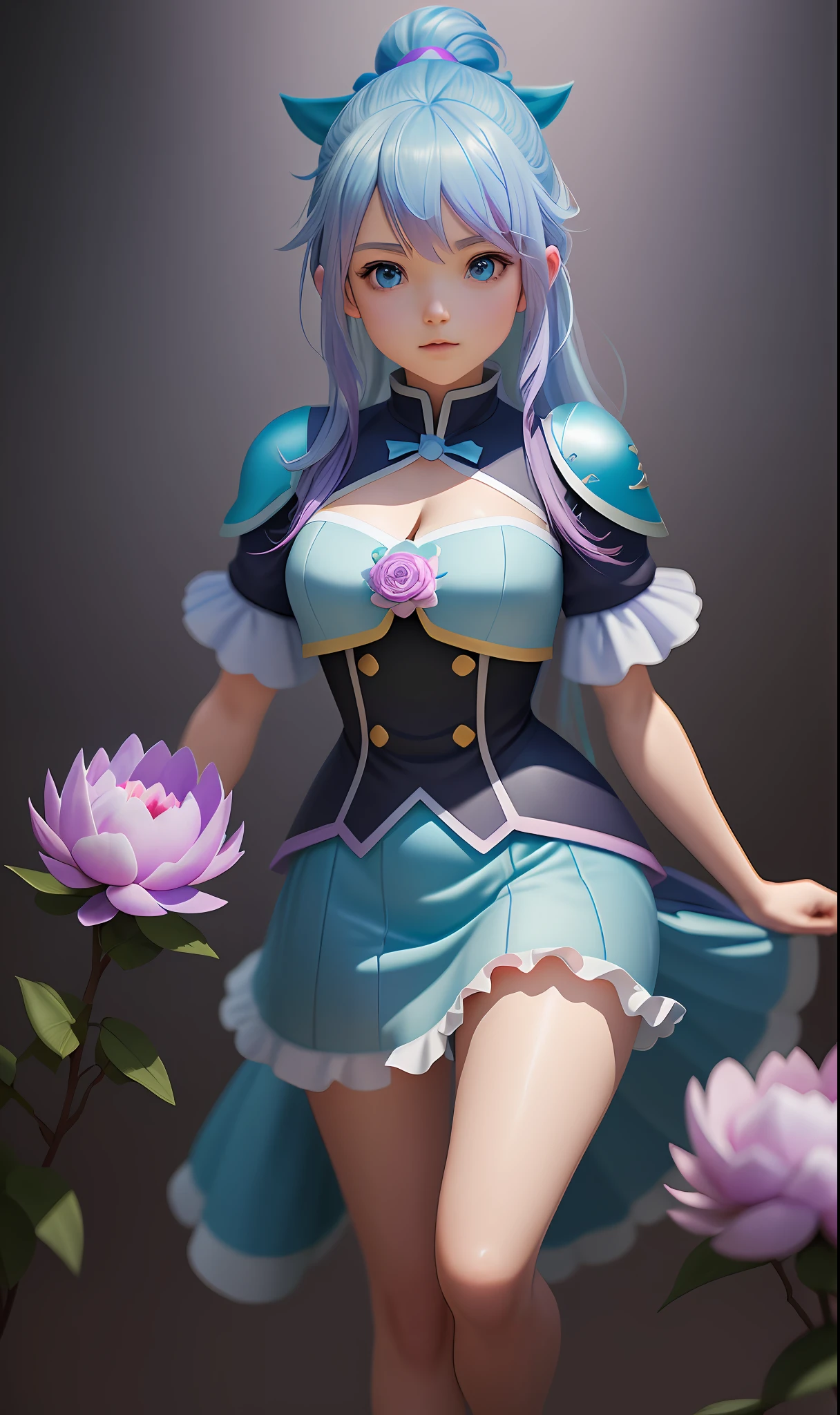 Young very blue (aqua_konosuba) and many peony flowers pink and violet, blue background, highly detailed, hyper-realistic, 3D, octane render, bright colors, digital painting, trend in artstation, sharp focus, blue eyes