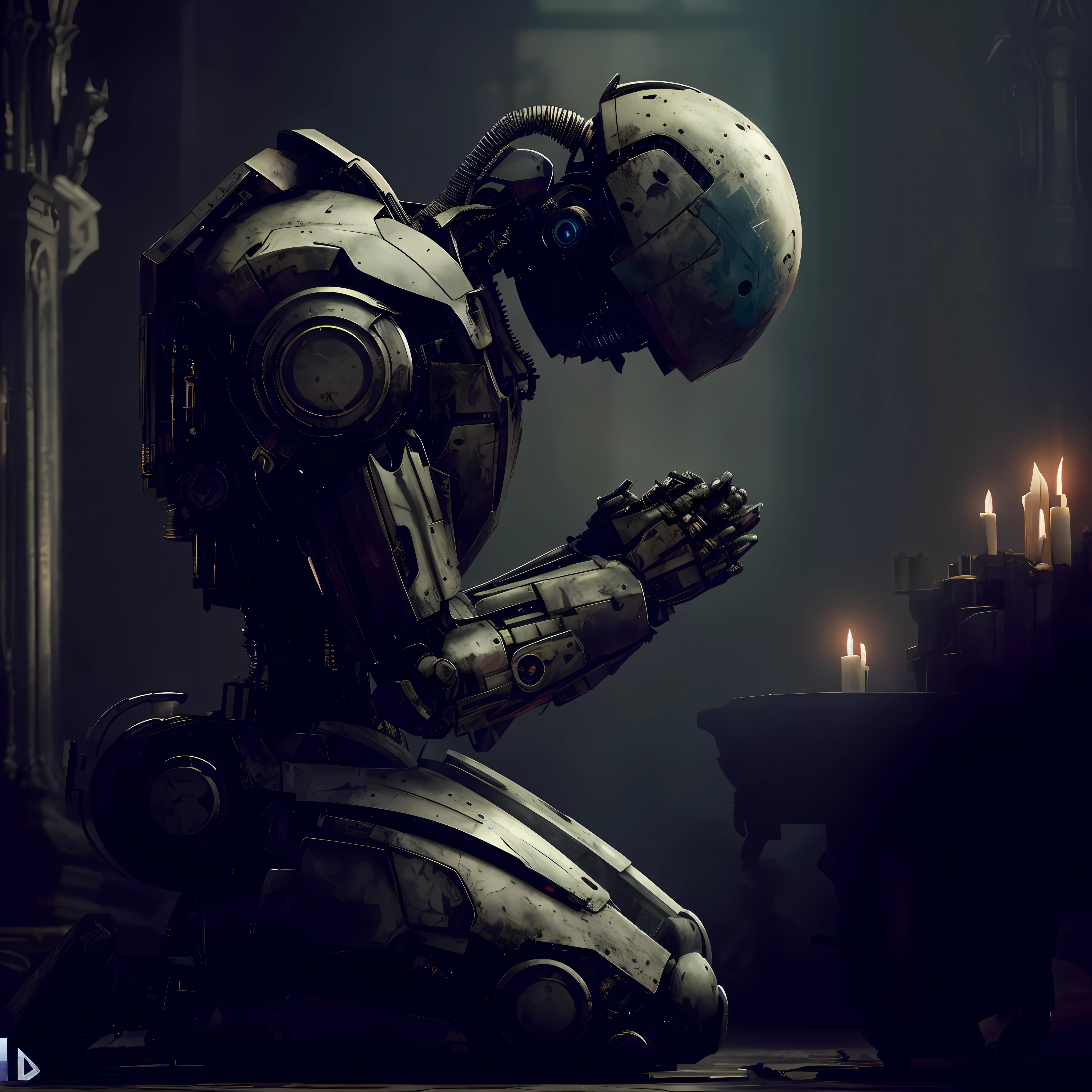 Arafed kneeling robot praying in a cathedral with candles, robot religion, a meditating cyborg, robot bishop guards, dark photorealistic concept art, cyberpunk church, unreal engine 4K wallpaper, religious scifi, god of artificial intelligence, humanoid crouching, unreal engine render concept art, anthem game inspiration, cinematic render unreal engine, cinematic cgsociety, in the background a cathedral, blurred background, professional photography