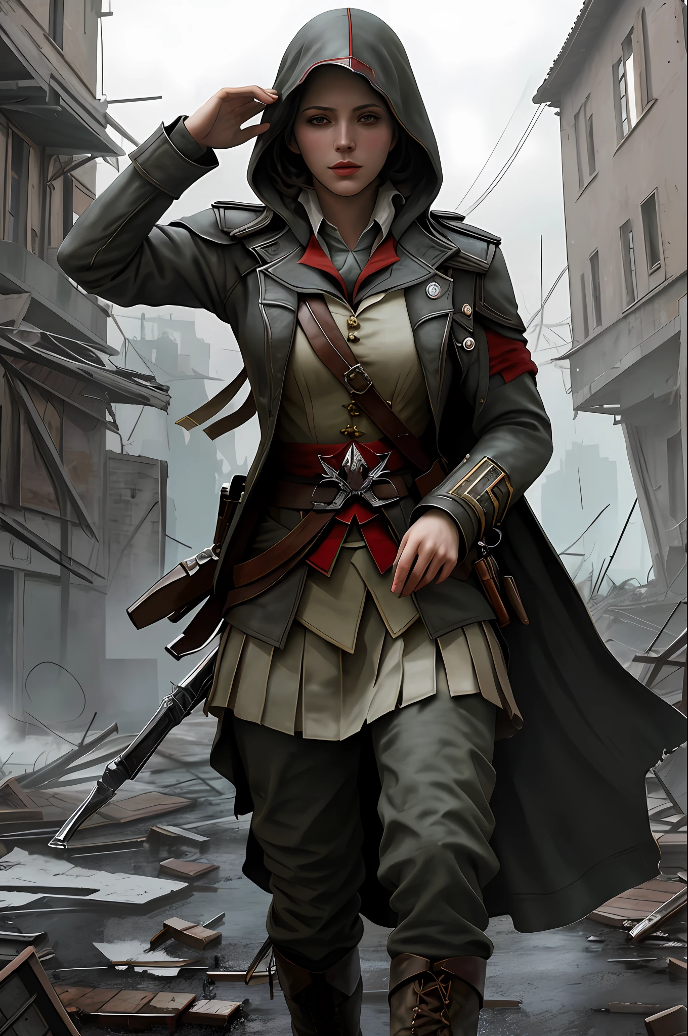 Create a compelling Assassin’s Creed Concept Art piece inspired by the WW2 era, crafted in the style of ultra-realistic visuals with meticulous attention to detail. Portray a young and captivating European girl adorned in a worn US military uniform, her face obscured by a hood. Set the scene amidst the haunting aftermath of a battlefield, showcasing the devastation and destruction left in the wake of war. Emphasize the realism and intricacy of the environment, capturing the gritty textures, shattered structures, and somber atmosphere in stunning 8K resolution.