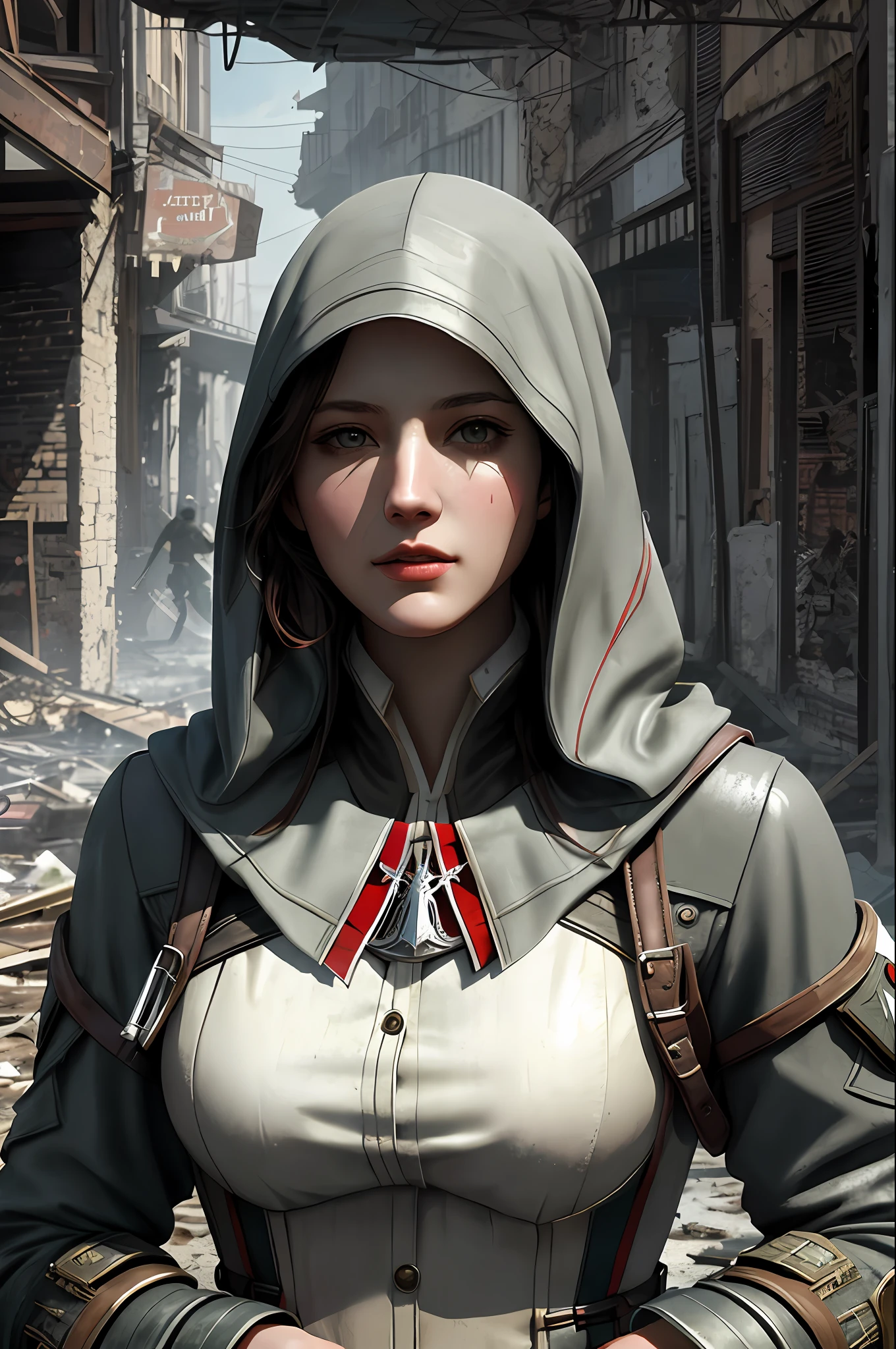 Create a compelling Assassin’s Creed Concept Art piece inspired by the WW2 era, crafted in the style of ultra-realistic visuals with meticulous attention to detail. Portray a young and captivating European girl adorned in a worn US military uniform, her face obscured by a hood. Set the scene amidst the haunting aftermath of a battlefield, showcasing the devastation and destruction left in the wake of war. Emphasize the realism and intricacy of the environment, capturing the gritty textures, shattered structures, and somber atmosphere in stunning 8K resolution.