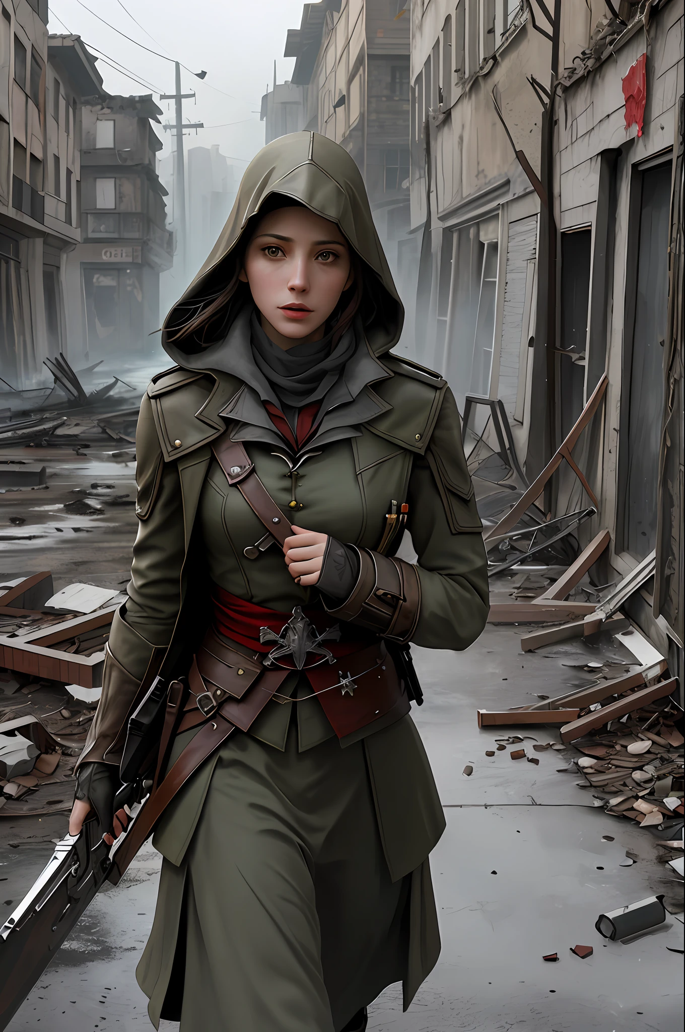 Create a compelling Assassin’s Creed Concept Art piece inspired by the WW2 era, crafted in the style of ultra-realistic visuals with meticulous attention to detail. Portray a young and captivating European girl adorned in a worn US military uniform, her face obscured by a hood. Set the scene amidst the haunting aftermath of a battlefield, showcasing the devastation and destruction left in the wake of war. Emphasize the realism and intricacy of the environment, capturing the gritty textures, shattered structures, and somber atmosphere in stunning 8K resolution.