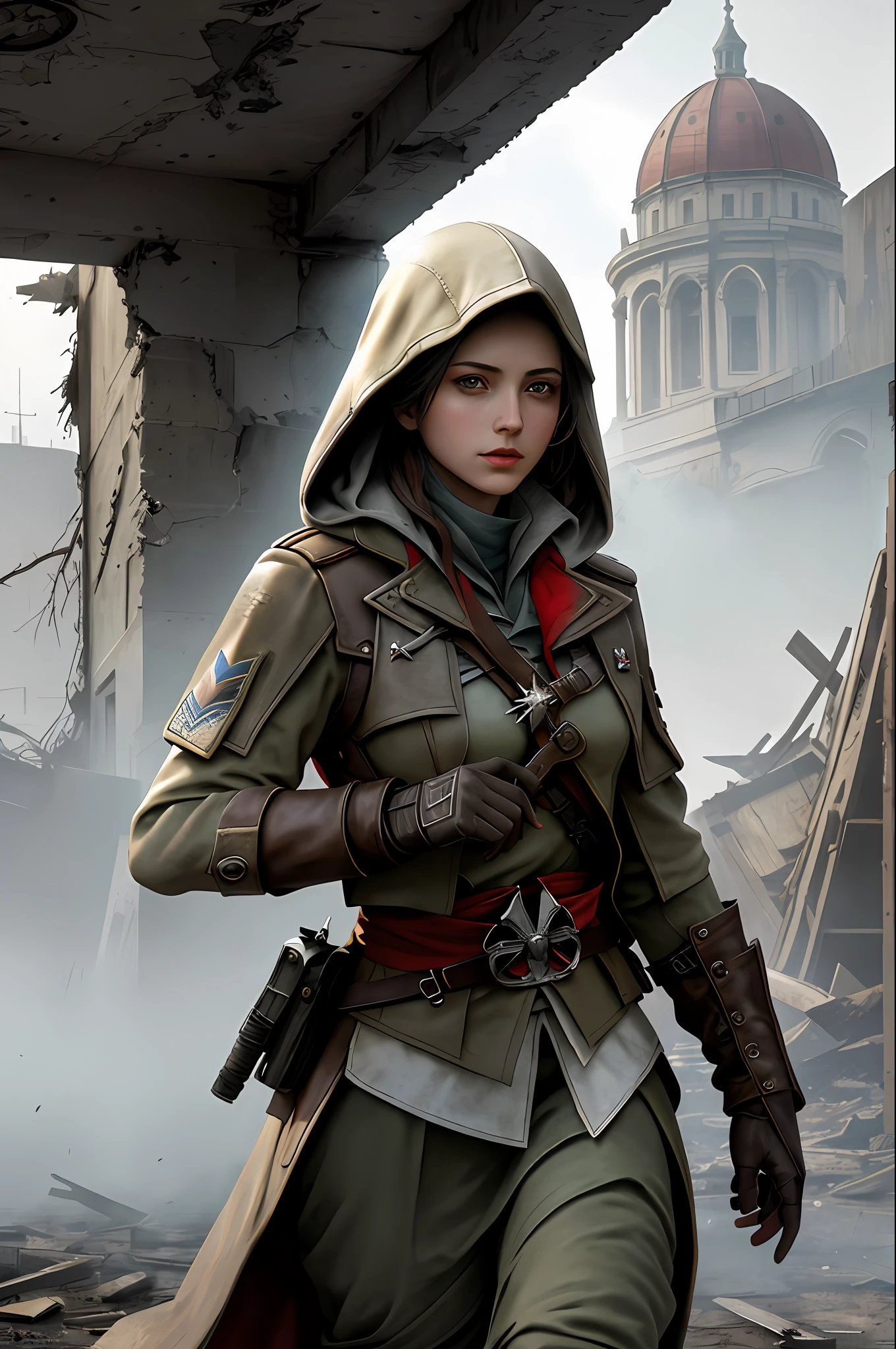 Create a compelling Assassin’s Creed Concept Art piece inspired by the WW2 era, crafted in the style of ultra-realistic visuals with meticulous attention to detail. Portray a young and captivating European girl adorned in a worn US military uniform, her face obscured by a hood. Set the scene amidst the haunting aftermath of a battlefield, showcasing the devastation and destruction left in the wake of war. Emphasize the realism and intricacy of the environment, capturing the gritty textures, shattered structures, and somber atmosphere in stunning 8K resolution.