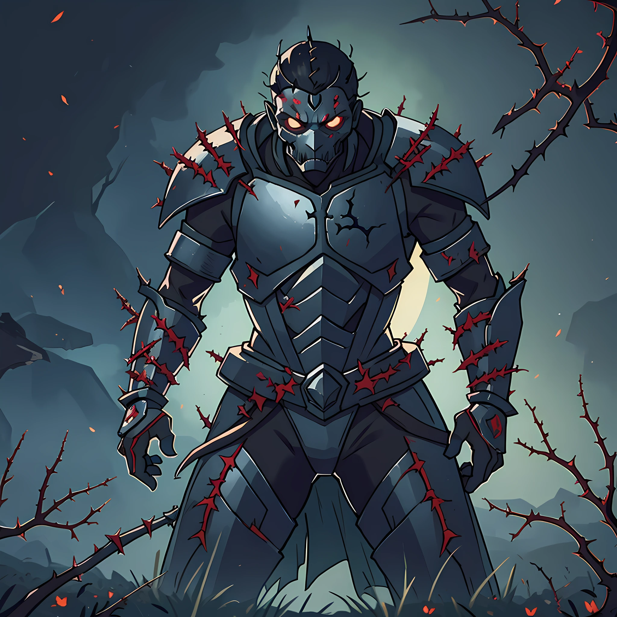A dead corpse warrior in all-black armor and full of thorns, his arms praising the heavens in a world all dead and rotten