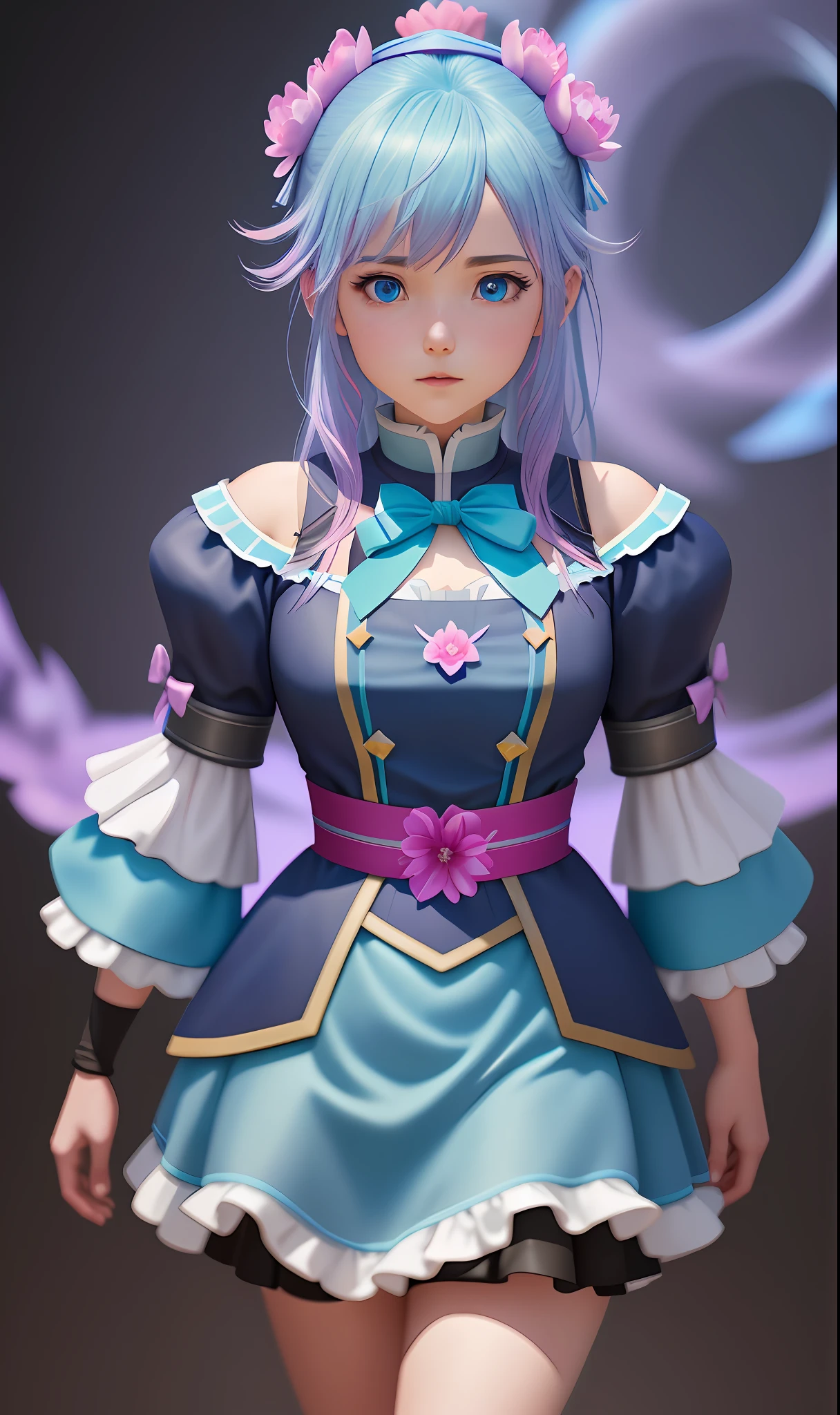 Young very blue (aqua_konosuba) and many peony flowers pink and violet, blue background, highly detailed, hyper-realistic, 3D, octane render, bright colors, digital painting, trend in artstation, sharp focus, blue eyes