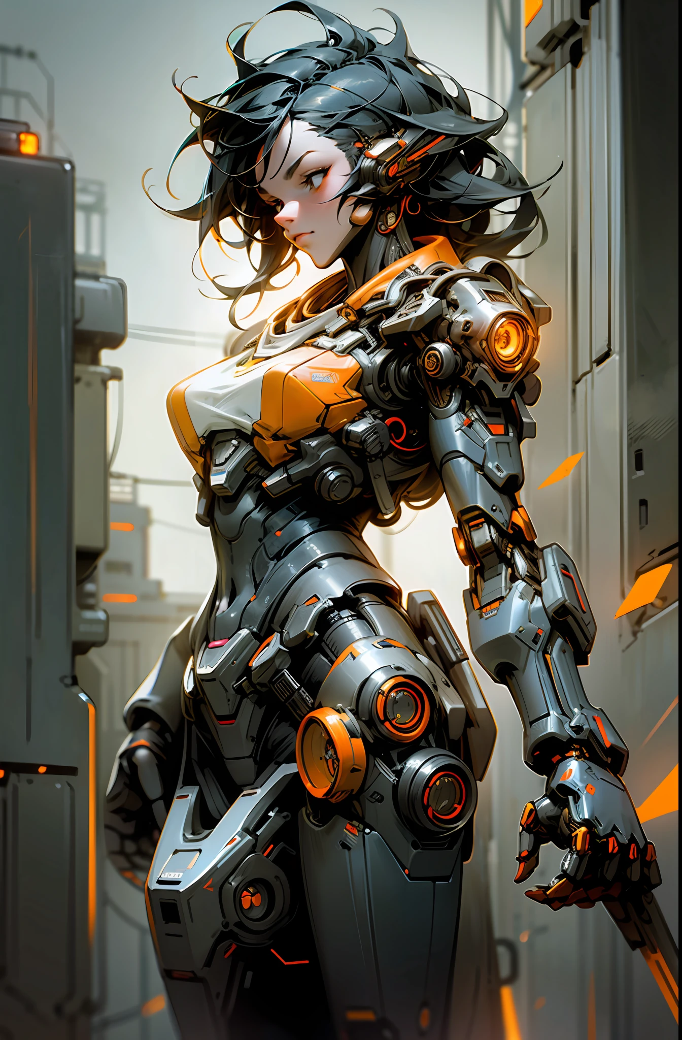 Dark_Fantasy,Cyberpunk, (orange:1.1), illustration of 1 woman,Mecha,Robotic presence,Cybernetic guardian, plasma rifle,cyberpunk street background, cinematic lighting, dark shadows