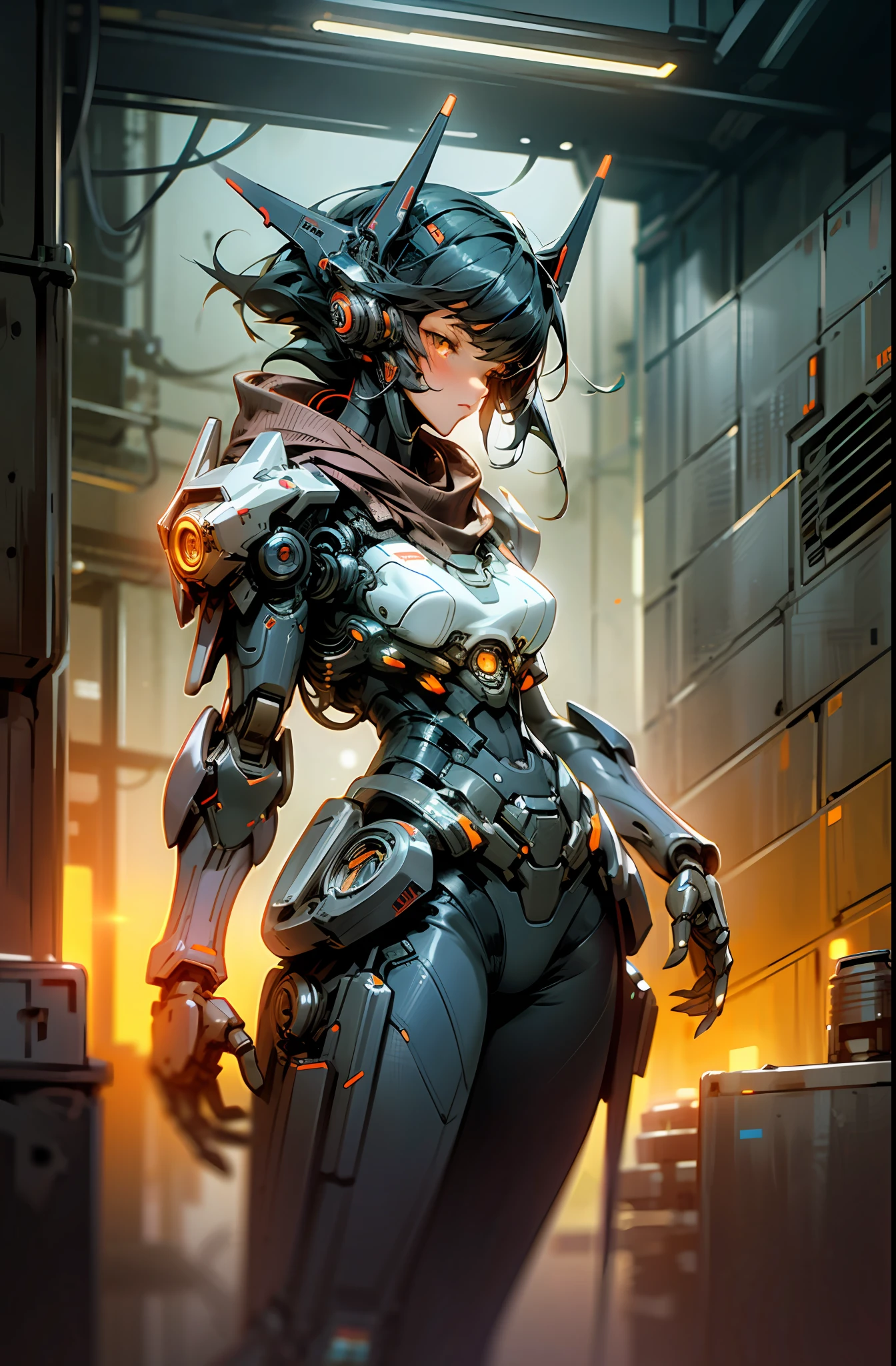 Dark_Fantasy,Cyberpunk, (orange:1.1), illustration of 1 woman,Mecha,Robotic presence,Cybernetic guardian, plasma rifle,cyberpunk street background, cinematic lighting, dark shadows