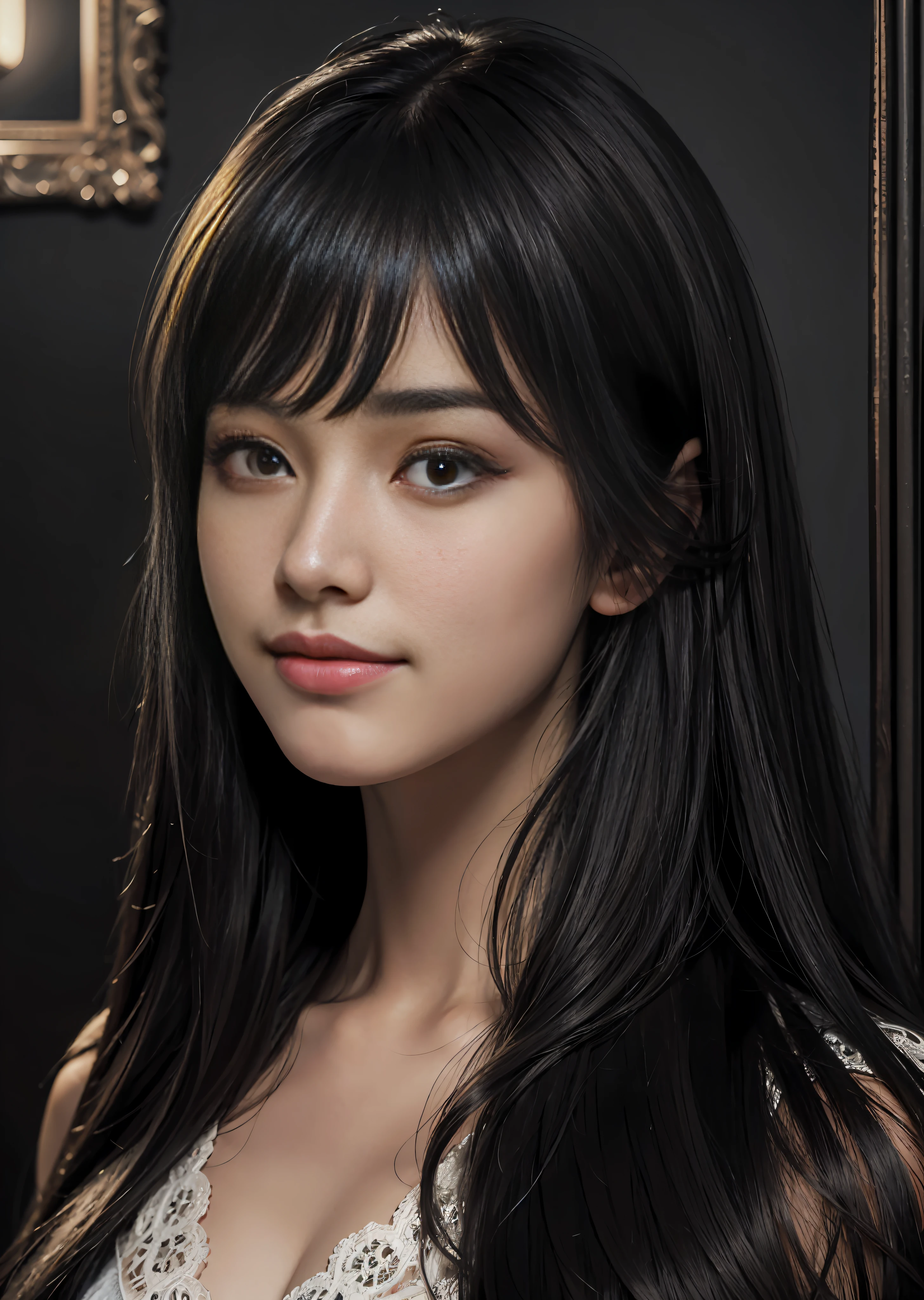 (Ultra Realistic), (Illustration), (Resolution Increase), (8K), (Very Detailed), (Best Illustration), (Beautiful and Detailed), (Top Quality), (Very Detailed), (Masterpiece), (Wallpaper), (Detail Face), Solo, 1 Girl, Looking at the Viewer, Fine Details, Detailed Face, In the Dark, Deep Shadows, Low Height, pureerosfaceace_v1, Smile, Long Hair, Black Shawl Straight Hair , 46 Point Oblique Bangs,