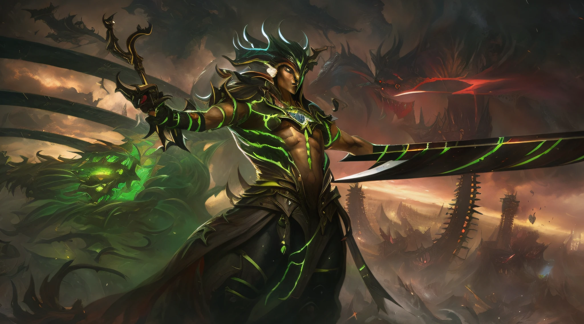 a close up of a person holding a sword in a dark room, amazing portrait of viego, magic the gathering concept art, magic the gathering artwork, magic the gathering art, on an epic oroboros, an epic majestical degen trader, magic : the gathering art, inspired by Zoltan Boros, mtg art, queen of blades, planeswalker