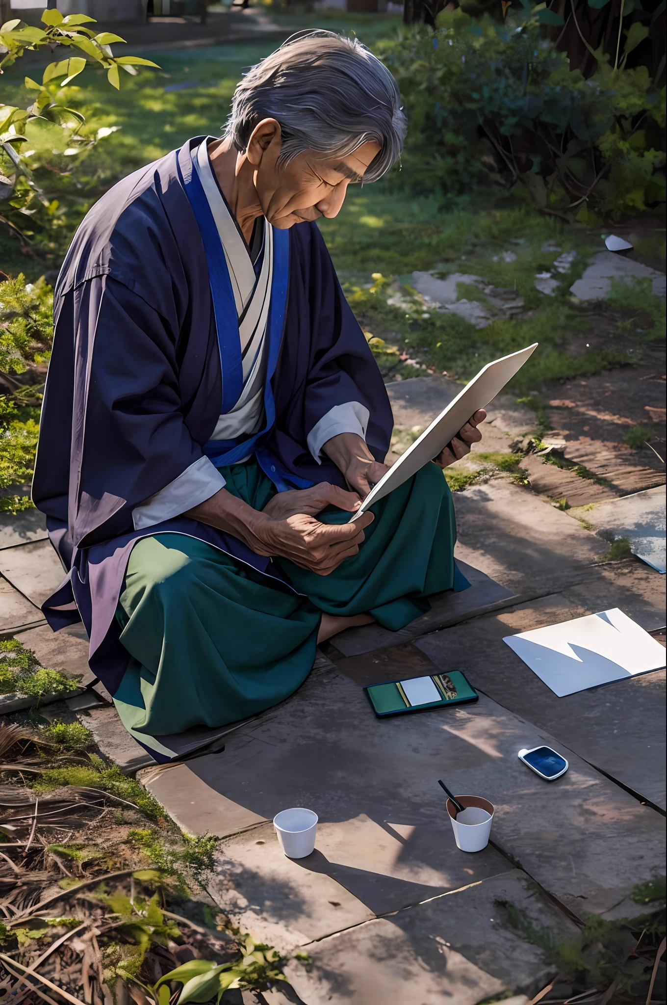 An old oriental sage sitting in a square on the ground writing on tablets