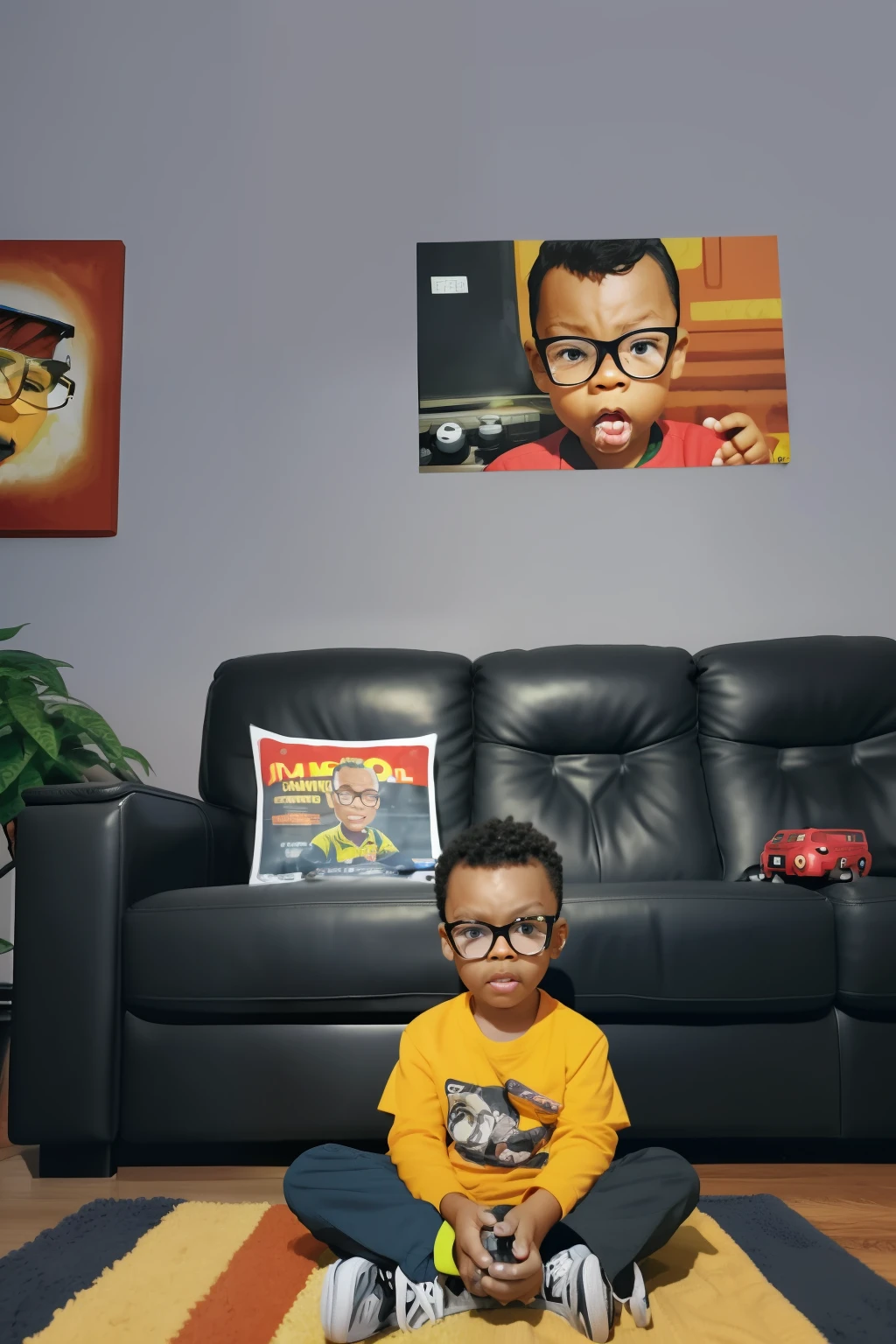 guttonerdreliberate1, illustration of a 3--old  wearing detailed glasses, face and skin, playing video games in his home. He is with the joystick in his hands, sitting on the comfortable dark leather sofa, detailed room, potted plants. Rich in detail and realistic. Illustration by alex ross, depth of field, eye height