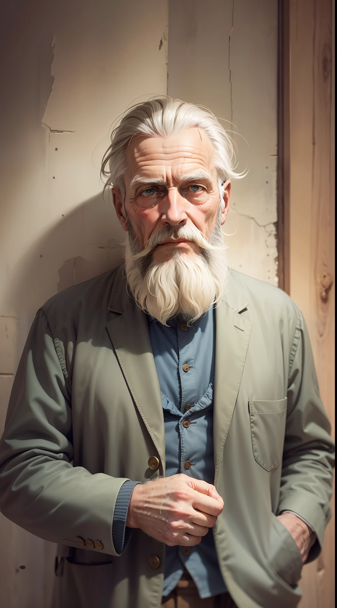 Old man old style old times, with beard, tall, with his hand in his pocket, realistic, facing image, with old clothes, in the framing of the image, away to the back