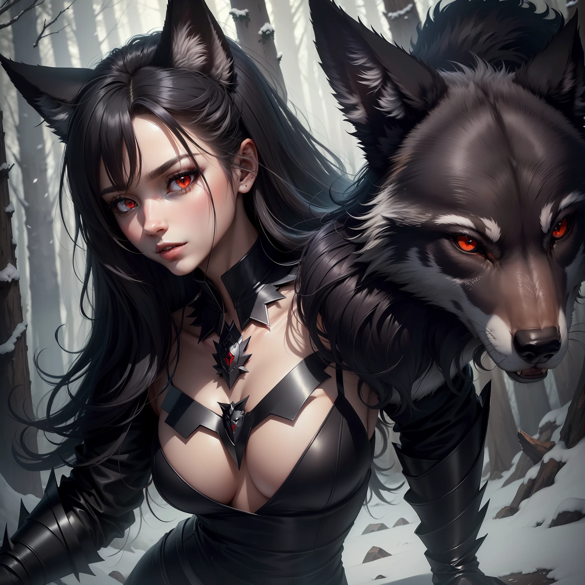 ((top quality, 8k, masterpiece: 1.3)), beauty, 1 wolf 1.3, black coat: 1.1, (in the forest, attack position: 1.2), ultra detailed wolf, highly detailed hair, detailed red eyes, sharp claws, summer
