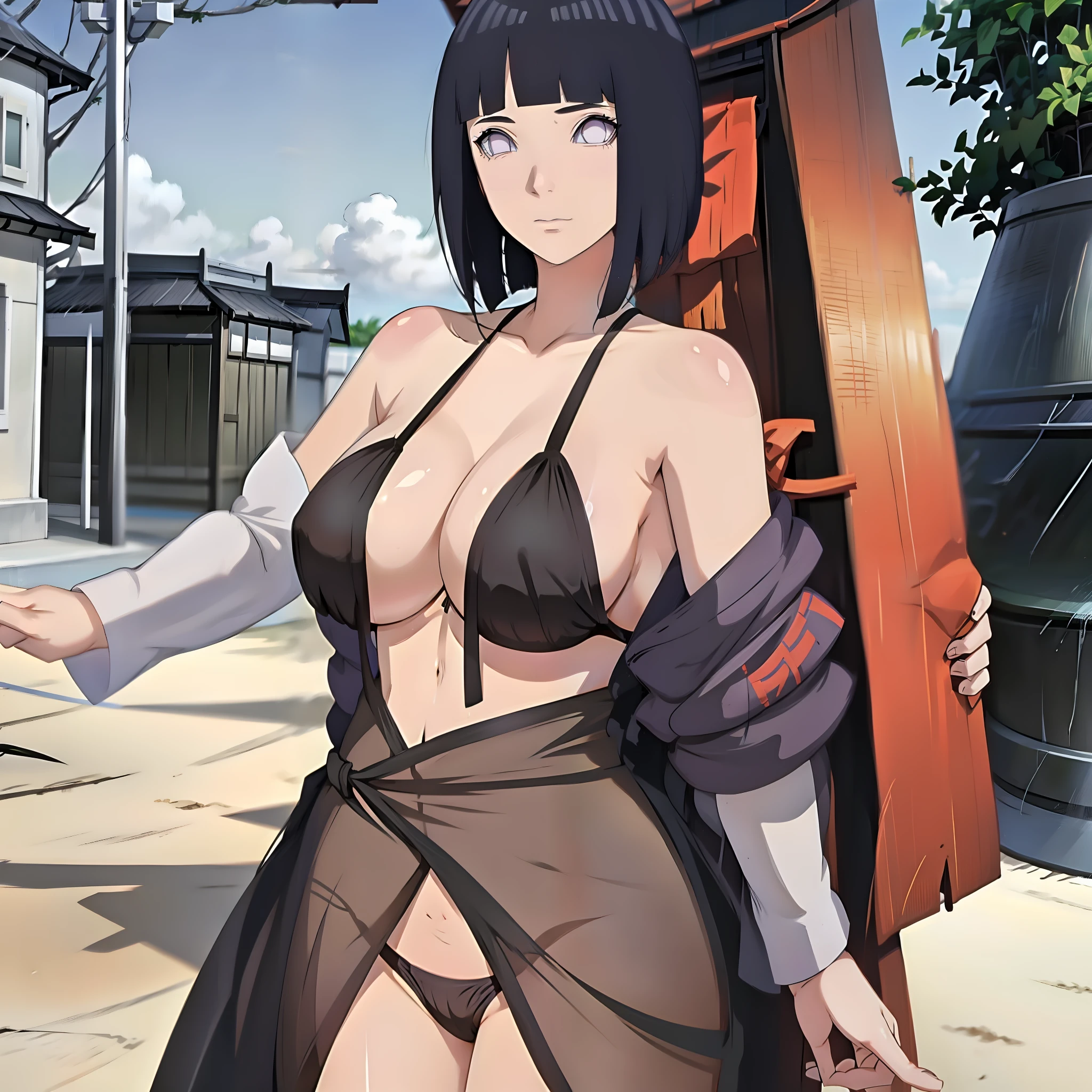 best quality, highres, 1girl, solo, black hair, breasts, folded ponytail, pruples eyes, tao jun, large breasts, micro bikini, outdoor, cowboy shooting ]