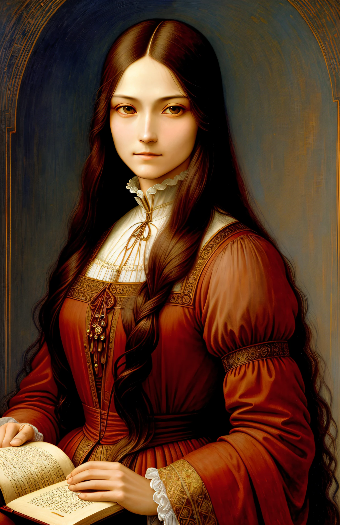 realistic painting, Moebius, Leonardo da Vinci, woman with book, long hair, ultra-realistic, 4k, soft lighting, Victorian era, detailed face, oriental woman, striking eyes, striking eyebrows,